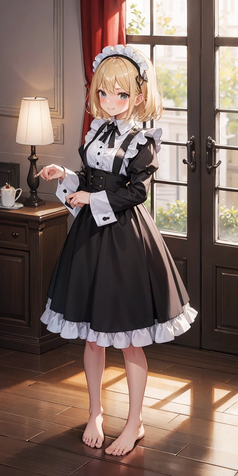 1girl, cute, ((Short black hair girl and long blonde hair girl)), maid victorian, maid apron, straight face, dazed, Body position: Standing, straight, symmetrical, barefoot, Lustful smile on face with red blush,