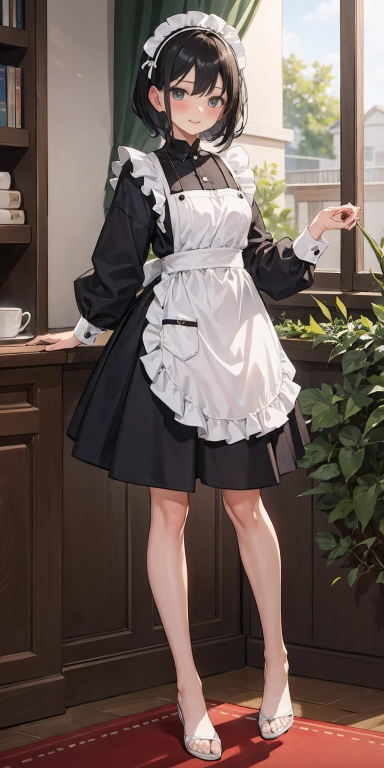 1girl, cute, ((Short black hair girl and long blonde hair girl)), maid victorian, maid apron, straight face, dazed, Body position: Standing, straight, symmetrical, barefoot, Lustful smile on face with red blush,
