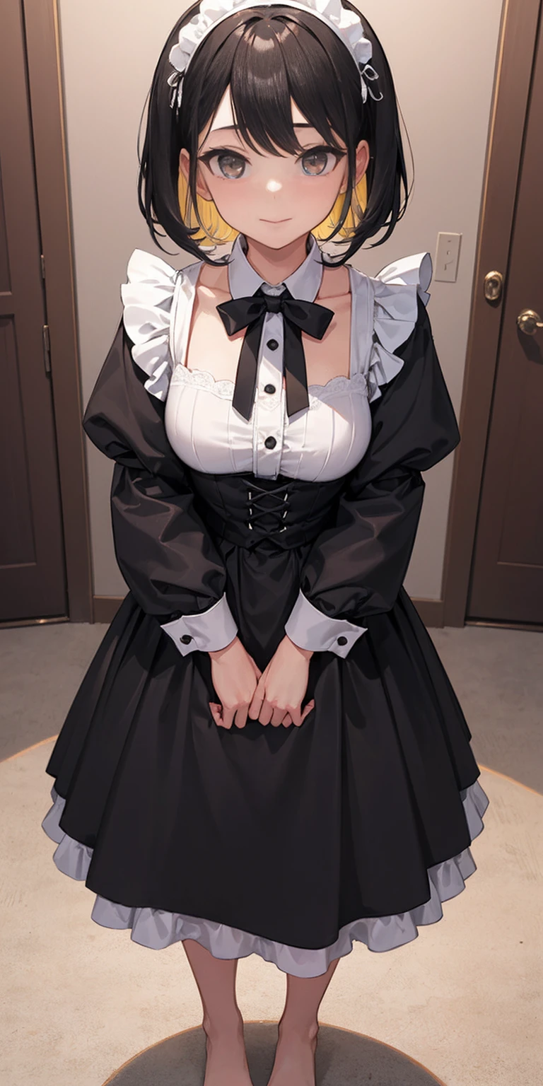 masterpiece, UHD, 4k, highres, ultra highres, hd, best quality, anatomically accurate, medium shot, ((1girl)), ((alone)), anime screencap, lineart, (standing), black hair, short hair, maid cap, pantyhose, black pantyhose, maid, mommy, milf, large breasts, cleavage, bedroom, bed, mattress, bed lamp, table, curtained window, curtains, candles, invisible, no humans, faceless, headless
