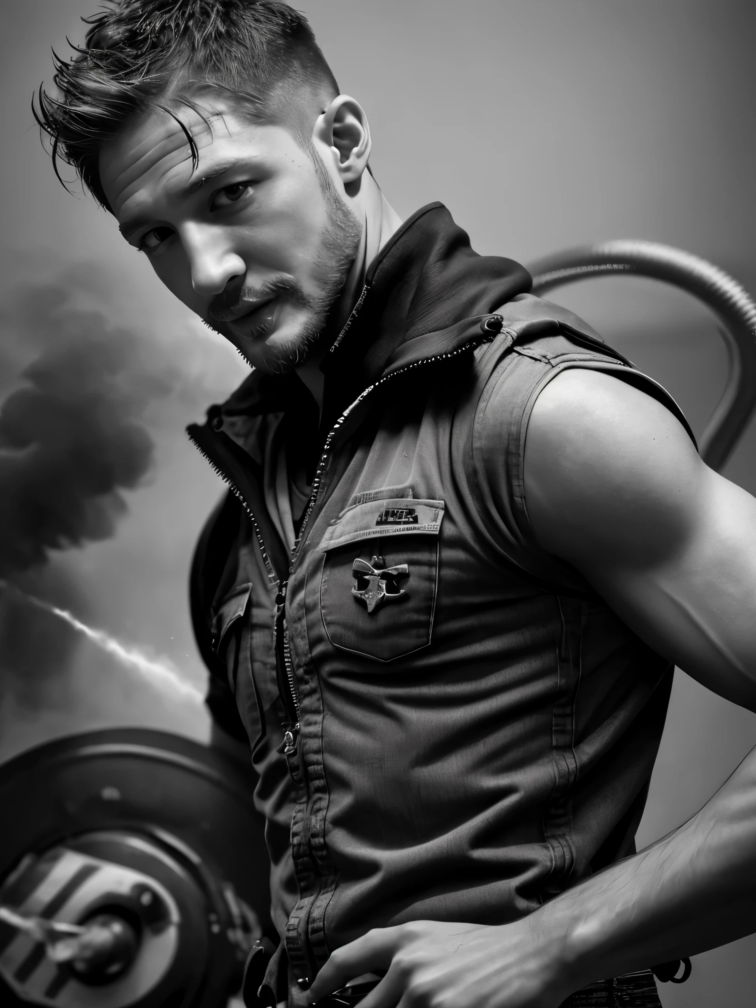 (Black and white photo shoot), (Firefighter actor Tom Hardy is extinguishing the fire), Tom Hardy (holding a super large air gun Pneumatic Runner: 1.34), (with oil stains on his face), his fair and smooth skin is flawless, his eyes are deep, his chin and face are smooth, his muscles are well-developed, there is no top, he is wearing jeans on the lower body, (very short round inch hairstyle), his decisive style, sharp focus,
Movie lighting, background: fire scene