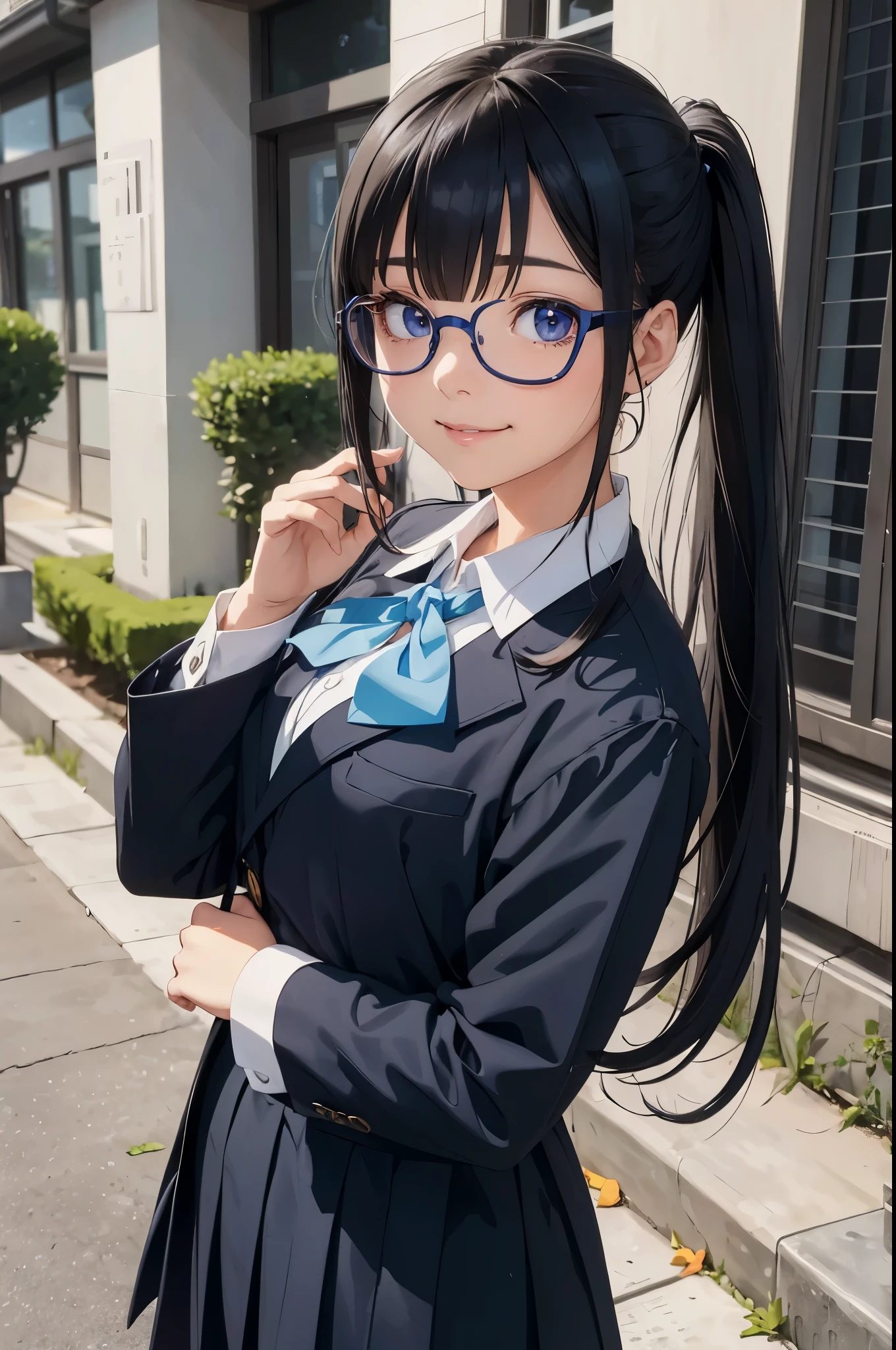 A Beautiful Girl, walk to school, blue catholic , long hair in a ponytail,, bangs, eyeglasses, bright smile, anime