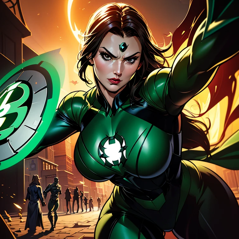 Photo of Black Widow, seductive and powerful woman, ((Detailed face:1.2)), ((big breasts)), ((Green Lantern suit)), ((Action pose)), ((Detailed costume:1.5)), ((Realistic texture)), ((Bold colors)), ((Dynamic lighting)), ((Detailed shadows)), photographed in a Canon EOS R6, 70-200mm Lens, F/2.8, nffsw, (4K) (Comic book art style) (Masterpiece) (Perfectly proportions) (Photos realistic) (Best quality) (High contrast) (Futuristic environment) ( wallpaper ) (Cinematic compos