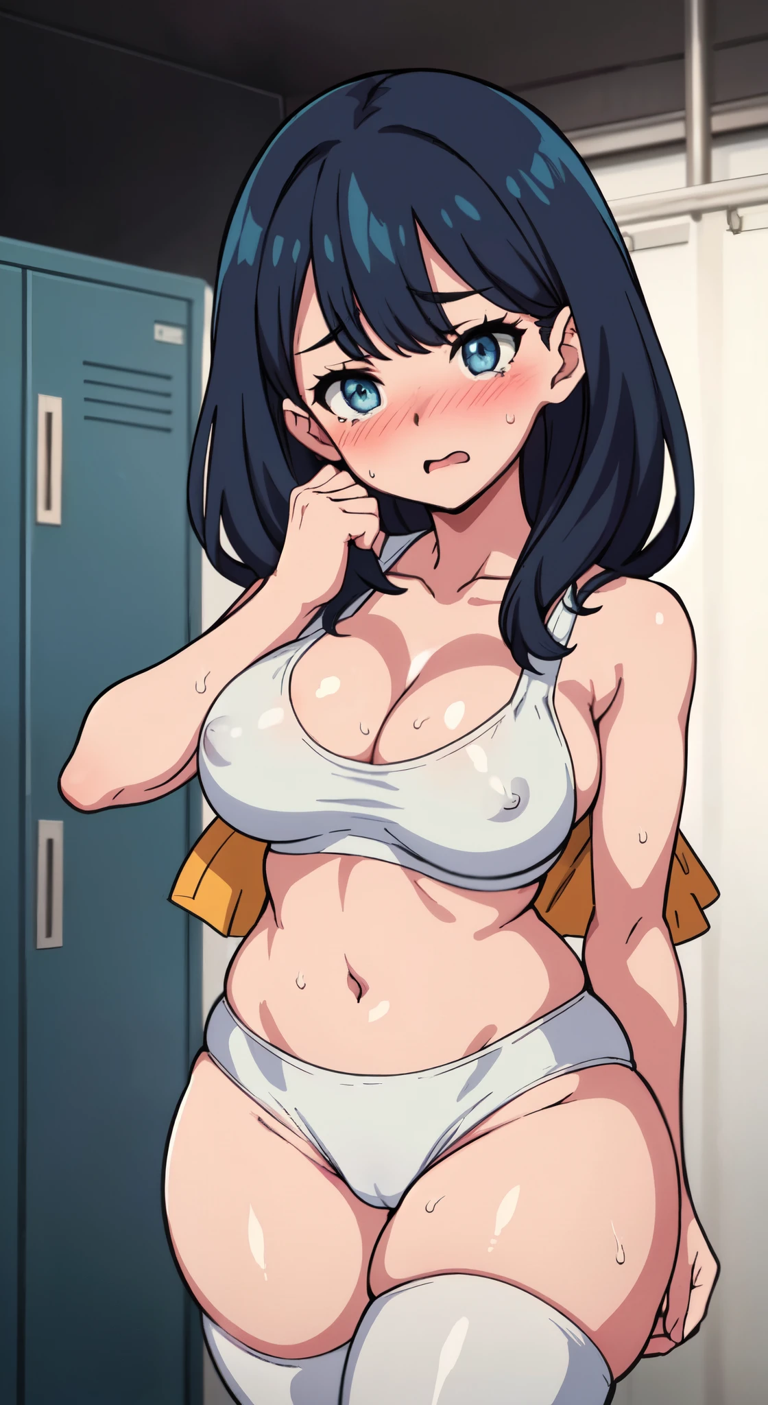 (perfect body),highest quality,16k、Masseter muscle part、((NSFW))、(((blush)))、((((embarrassing))))、Are crying、Treefe○lumes、parted bangs、(blue eyes),((dark blue hair)),(Sweat)、(big ass)、Normal breasts、((thick thighs))、white sport bra、(white leggings)、(locker room)、