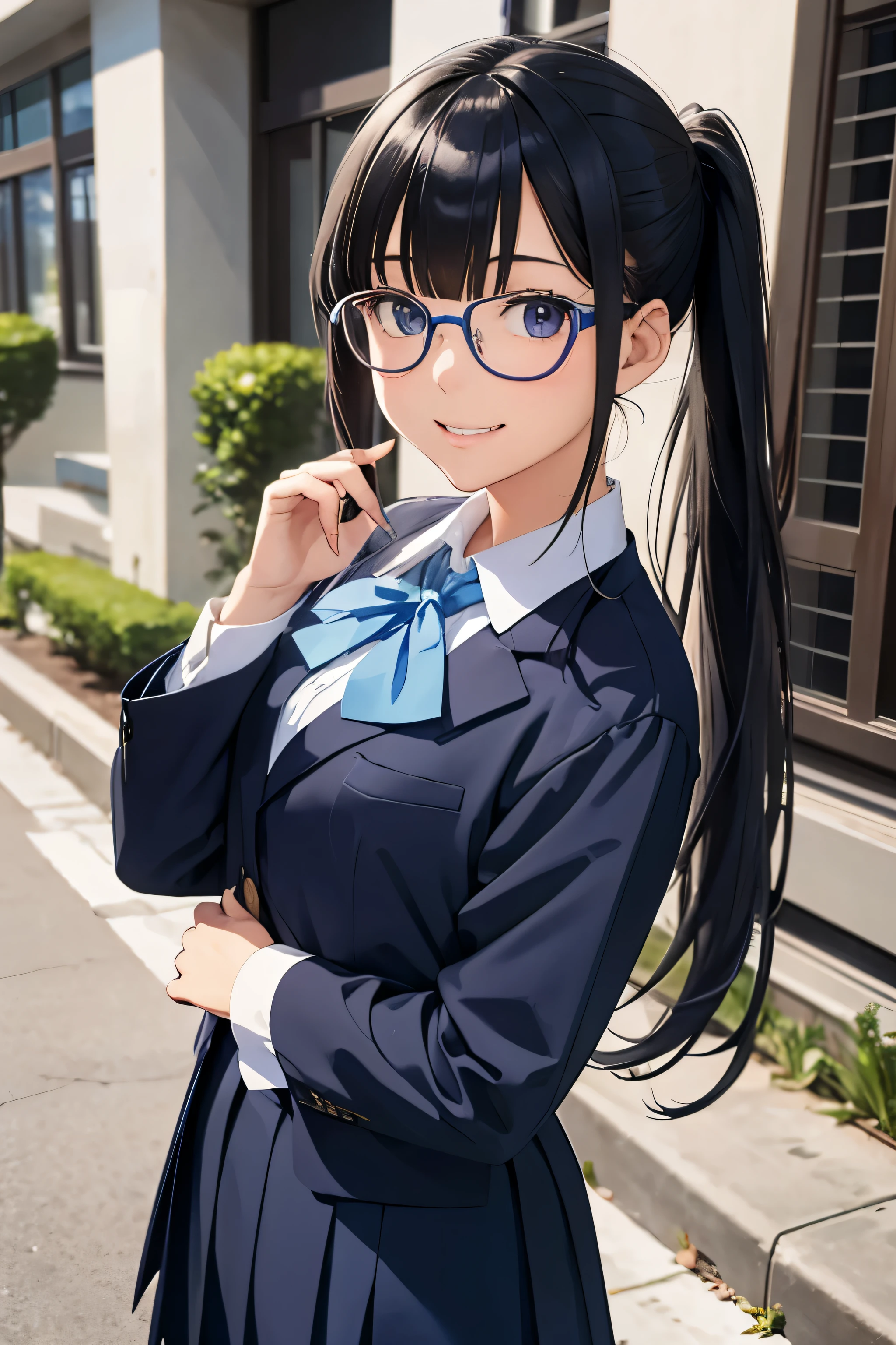 A Beautiful Girl, walk to school, blue catholic , long hair in a ponytail,, bangs, eyeglasses, bright smile, anime