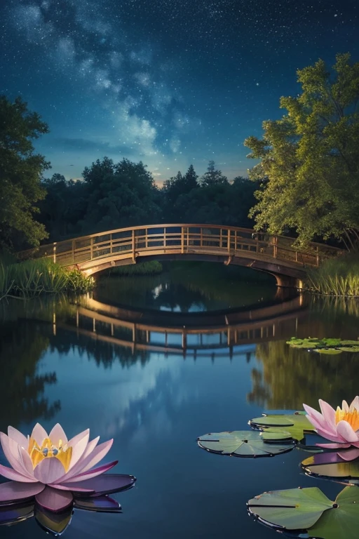 (high quality,realistic,photo-realistic:1.37),colored line drawing,tranquil night sky reflecting on calm lake water,colored pencils,water lily,bridge,highly detailed painting