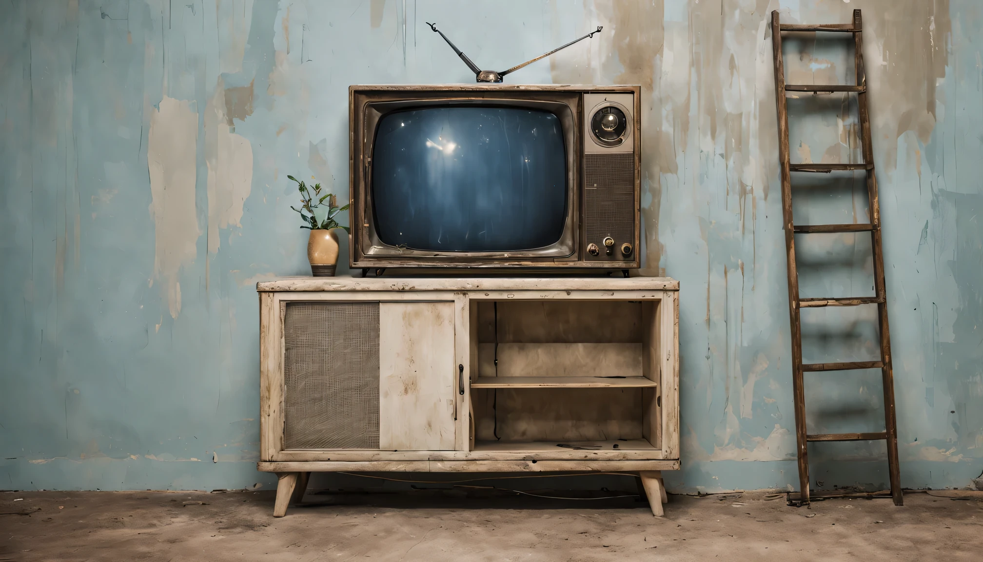 old tv, TV aspect ratio is 4.:3, The moon&#39;s surface is around the TV., I see the universe behind me, Elsa Bleda, corrosion, color photo, Post-minimalism 