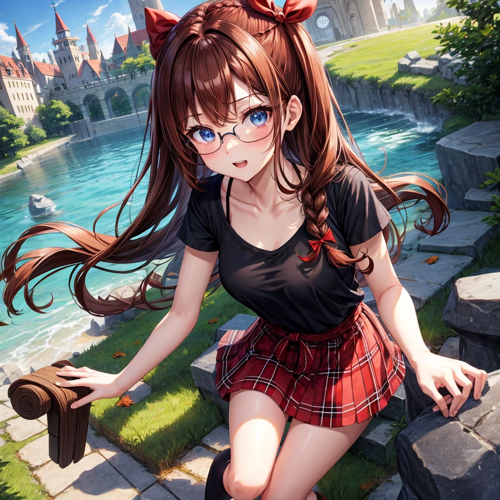 reddish brown hair、blue eyes、Braid、one good looking girl、solo、anime、Plaid miniskirt、camisole、black t-shirt、Tilting your face、Doing the ribbon、Ribbon at waist、sunset sky、stone stairs、tunnel、Fallen leaves、wearing glasses、Burning、Light and shadow、maze、balloon、monster castle、lanthanum、corridor、Black socks、mossy stone