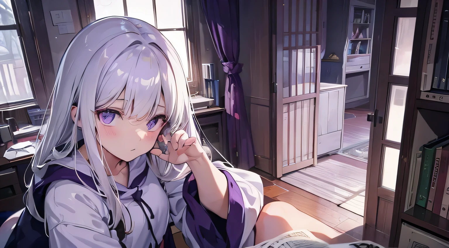 white hair, purple eyes, and soft, A girl studies in his room,Studio Ghibli style,On rainy nights