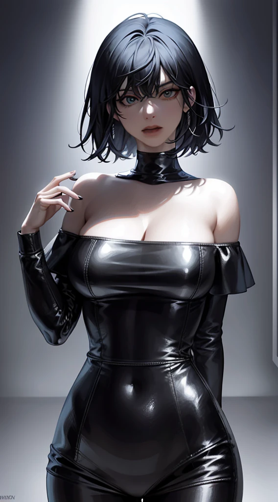 Off-the-shoulder attire,looks into camera,The upper part of the body,Black color hair,cleavage,tightsuit, (shirt, tie, pants:0.5) (detailed realistic face), (((hyperdetailed))), zoomed out, symmetrical face, detailed pupil, expressive eyes, makeup, real photography, modern look, Real photography (Realisitc:1.5), han Sooyoung, short hair