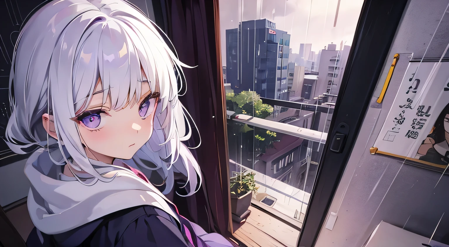 white hair, purple eyes, and soft, A girl studies in his room,Studio Ghibli style,On rainy nights