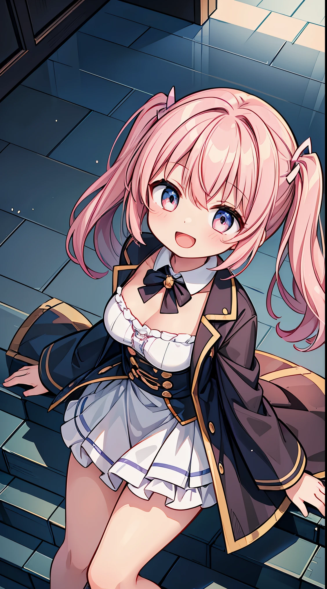 (super fine illustration:1.2),(masterpiece, 8k), (best quality, high quality:1.4), perfect anatomy, hyper detailed, ultra detailed,masterpiece background,beautiful detailed background, v8k wallpaper,perfect design,award-winning art,atmospheric,


BREAK,  1 beautiful girl, Solo,(Cute:1.5),(Chibi:0.8), (kawaii:1.5),(:0.5), BREAK, (girl, Cute, Cheerful,  face, medium breasts:1.2),(Pink hair,disheveled short twin tails,tareme,Gold eyes:1.2),gleaming skin,Clear skin, cleavage of the breast,Beautiful , gleaming skin,Clear skin, Beautiful skin,( A smile:1.5),(best quality face),(Top quality glowing eyes),(The best smile,:D:1.45),

BREAK, Fantasy world city floating high in the fantastic sky,BREAK, (,coat:1.1),


BREAK,wakame,wakame,wakame,(Cowboy Shot, looking up,from front above:1.5) 

(going up on stairs:1.5),


BREAK,(Blurry background:1.3),(absurderes, hight resolution, Super Detail Art),cel shading,Clear Color, Lonely optical effect, Beautiful pictures, Bright glow, mystic atmosphere,(Close-up of girl:1.1), Mystical light particle effect,manga influence, clean line drawings, 