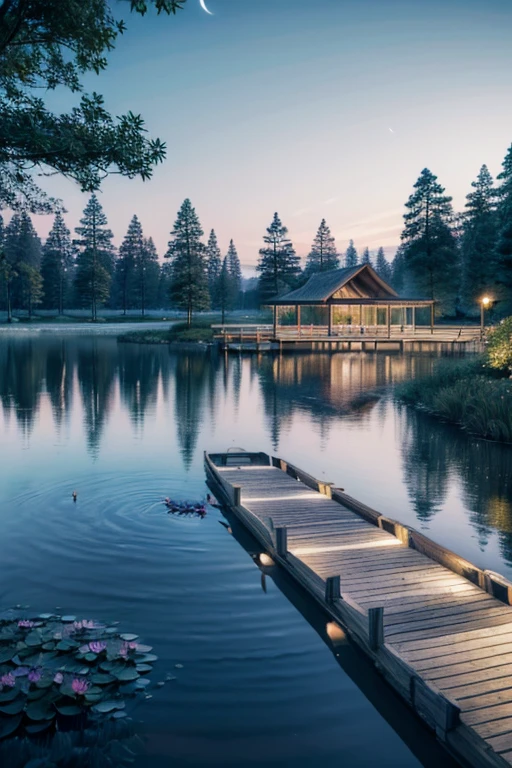 (high quality,realistic,photo-realistic:1.37),colored line drawing,tranquil night sky reflecting on calm lake water,colored pencils,water lily,bridge,highly detailed painting