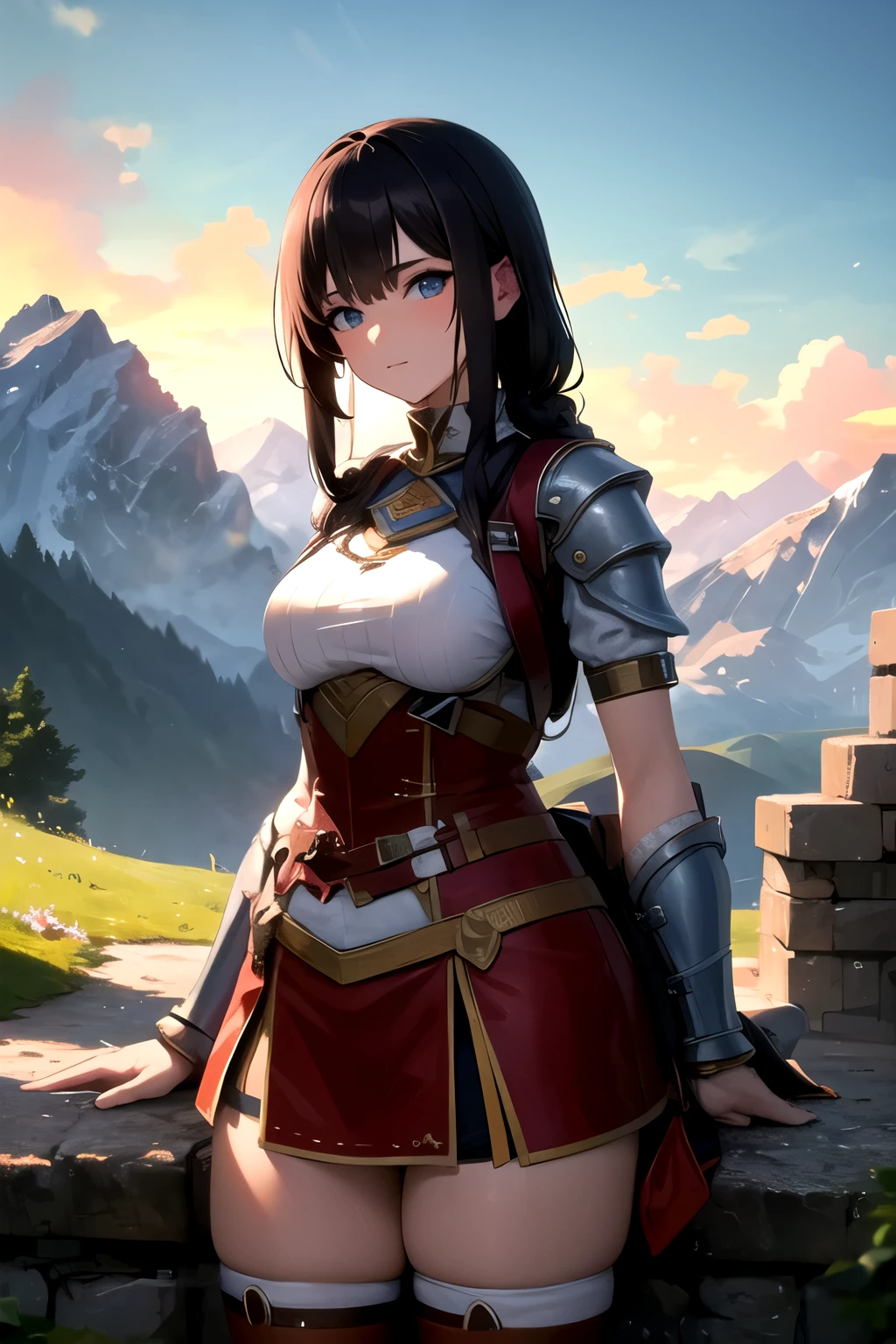 ((best quality)), ((masterpiece)), (detailed), italian girl warrior, alps mountain in background