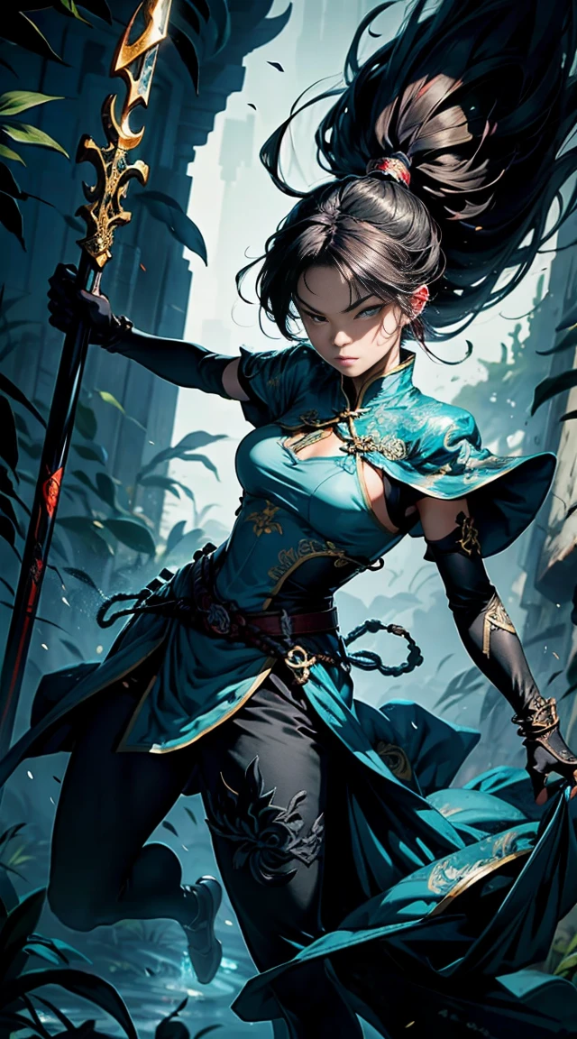 ((full body illustration)), high definition|quality|contrast. Magic fantasy art. an imposing Chinese warrior woman holding a staff in a combat pose, ((attack pose)), looking at the viewer, traditional dress in shades of green, tattoo on her leg, (swirl of leaves around), wind, soft ambient light.