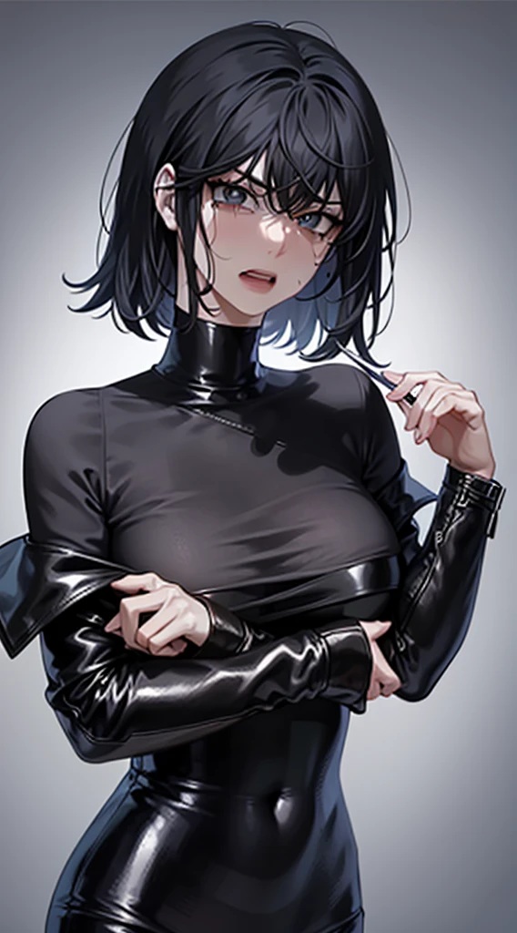 Off-the-shoulder attire，looks into camera，The upper part of the body，Black color hair，cleavage，tightsuit, (shirt, tie, pants:0.5) (detailed realistic face), (((hyperdetailed))), zoomed out, symmetrical face, detailed pupil, expressive eyes, makeup, real photography, modern look, Real photography (Realisitc:1.5), han Sooyoung, short hair, crazy, crazy eyes, yandere, begging, desperate, disheveled, messy hair, crying, tears, clutching heart