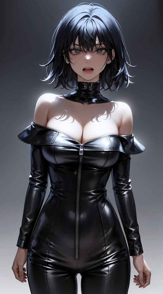 Off-the-shoulder attire，looks into camera，The upper part of the body，Black color hair，cleavage，tightsuit, (shirt, tie, pants:0.5) (detailed realistic face), (((hyperdetailed))), zoomed out, symmetrical face, detailed pupil, expressive eyes, makeup, real photography, modern look, Real photography (Realisitc:1.5), han Sooyoung, short hair, crazy, crazy eyes, yandere, begging, desperate, disheveled, messy hair, crying, tears, clutching heart