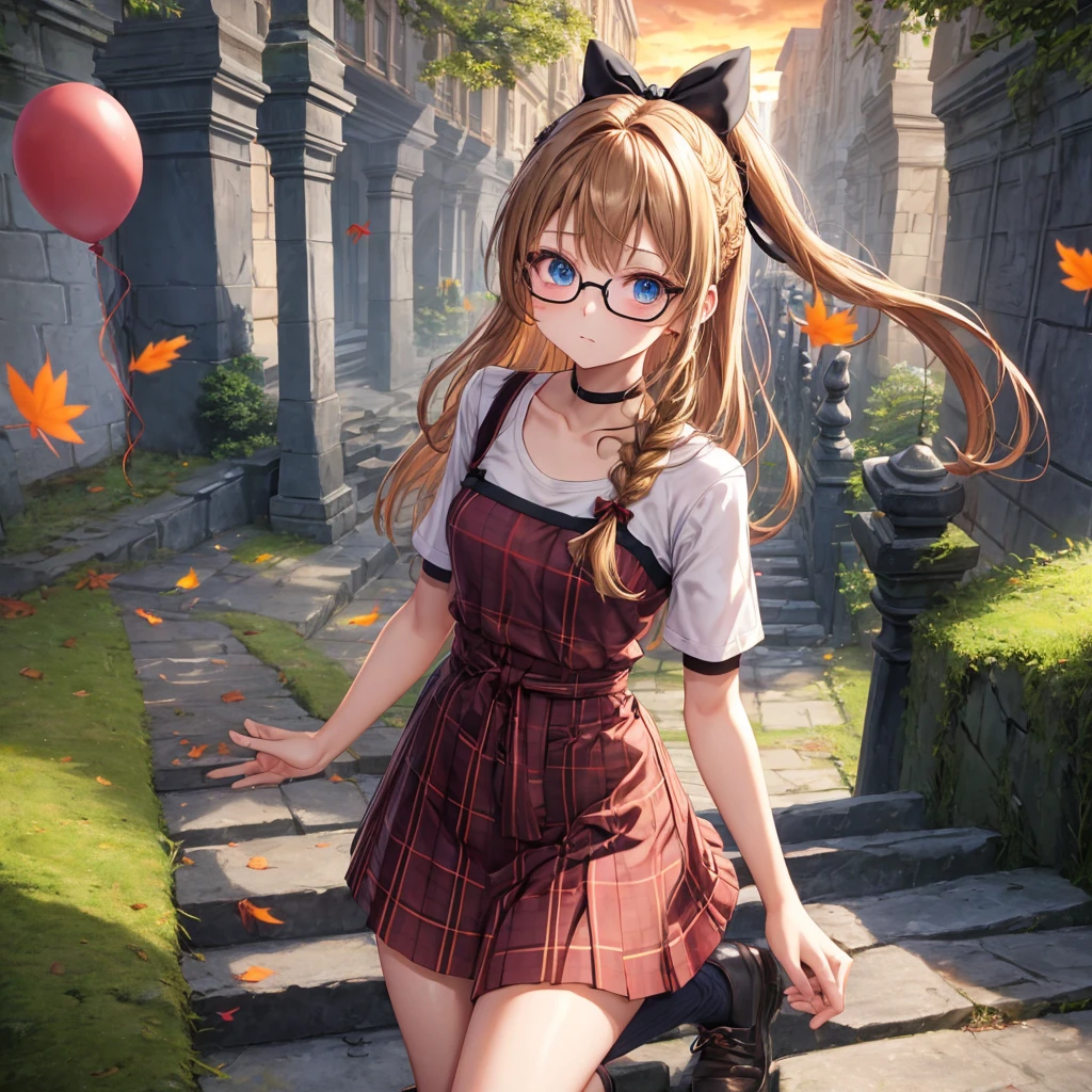 reddish-brown blonde、blue eyes、Braid、one good looking girl、solo、anime、Plaid miniskirt、camisole、black t-shirt、Tilting your face、Doing the ribbon、Ribbon at waist、sunset sky、stone stairs、tunnel、Fallen leaves、wearing glasses、Burning、Light and shadow、maze、balloon、monster castle、lanthanum、corridor、Black socks、mossy stone