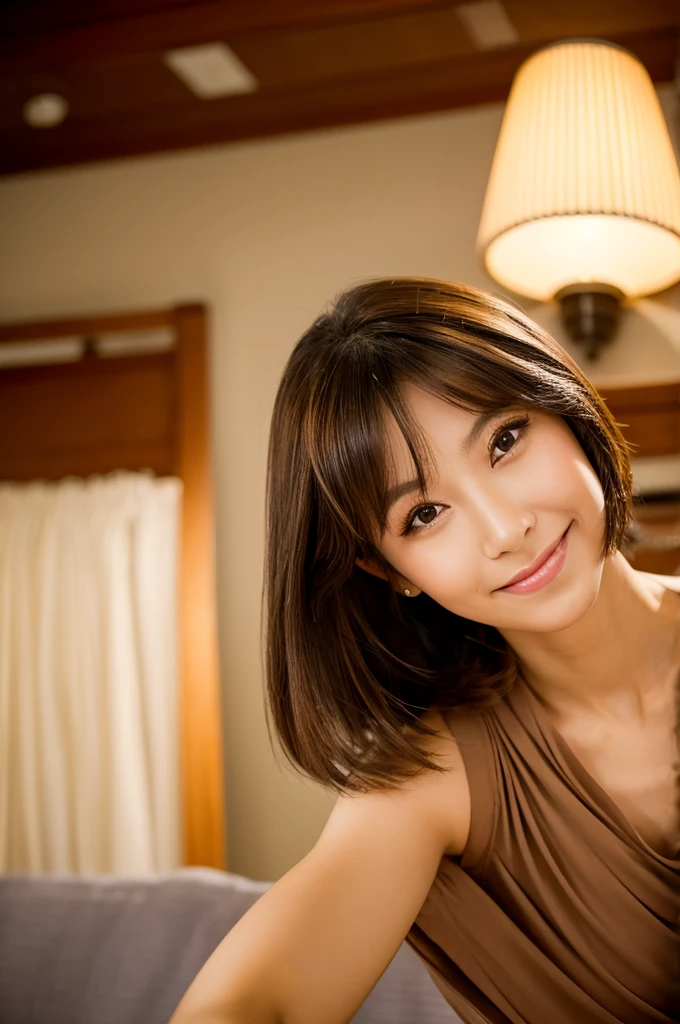 Echiechi, Constricted body, Rumor, adult woman, 40 generations, beautiful detailed eyes, short bob hair, clavicle, best quality, masterpiece, Layer Bob Hair, Moist eyes, Pixie Cut, Awesome pose, long eyes, brown eyes, brown eyes, smile, smiling, real, glossy lips, Chubby lips, Japanese, natural makeup, Kaede Fua, small ass, slender face, professional lighting, cowboy shot, indoor, hotel, miniskirt, Winter clothes, selfie,