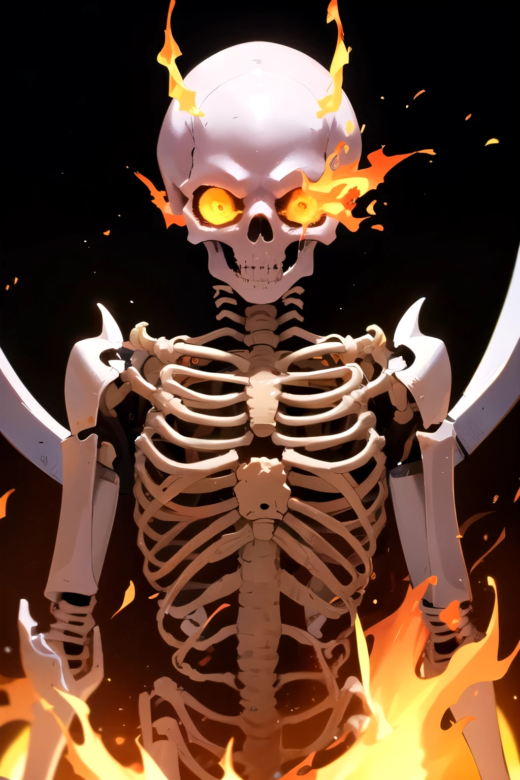 A skeleton,The eyes glow red,Terrifying,Very dark