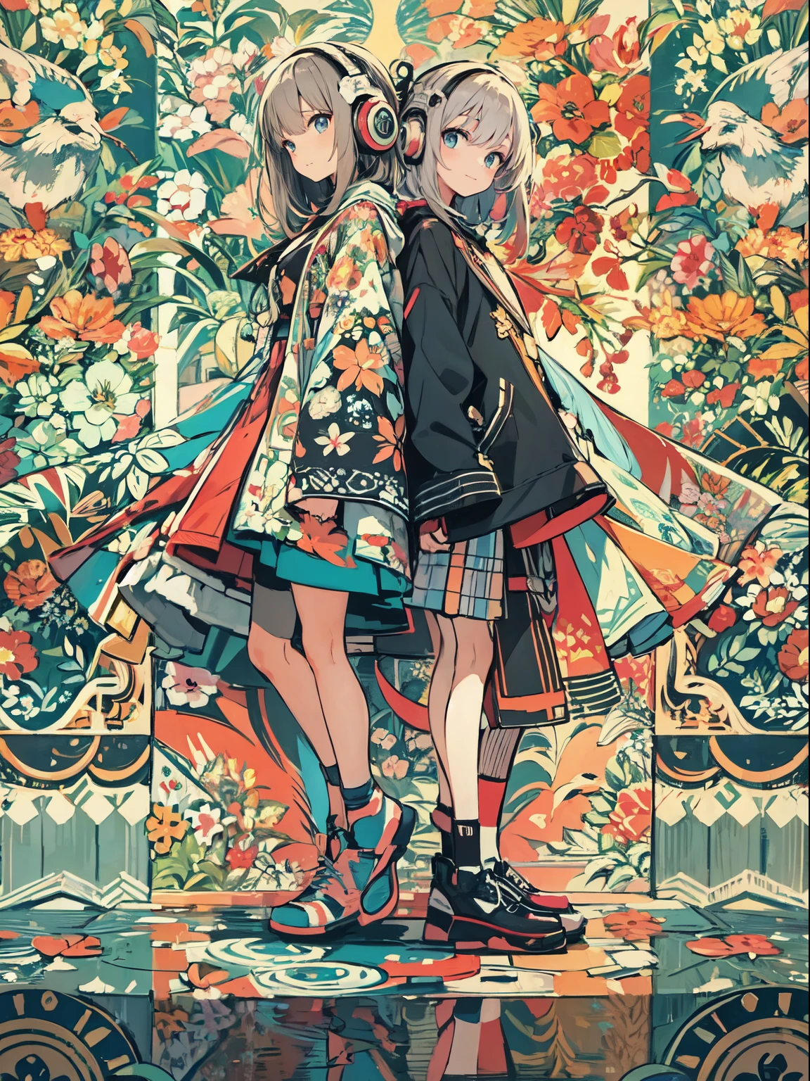 High-resolution digital painting with vibrant colors and intricate patterns. BREAK Front-facing perspective, showcasing a mirrored image of a character. BREAK Two identical characters with long, silver hair, one wearing a patterned cape and the other in a black jacket, both with headphones and a subtle smile. BREAK An abstract, colorful background with swirling, floral, and geometric designs, split by a staircase with a tiled pattern.