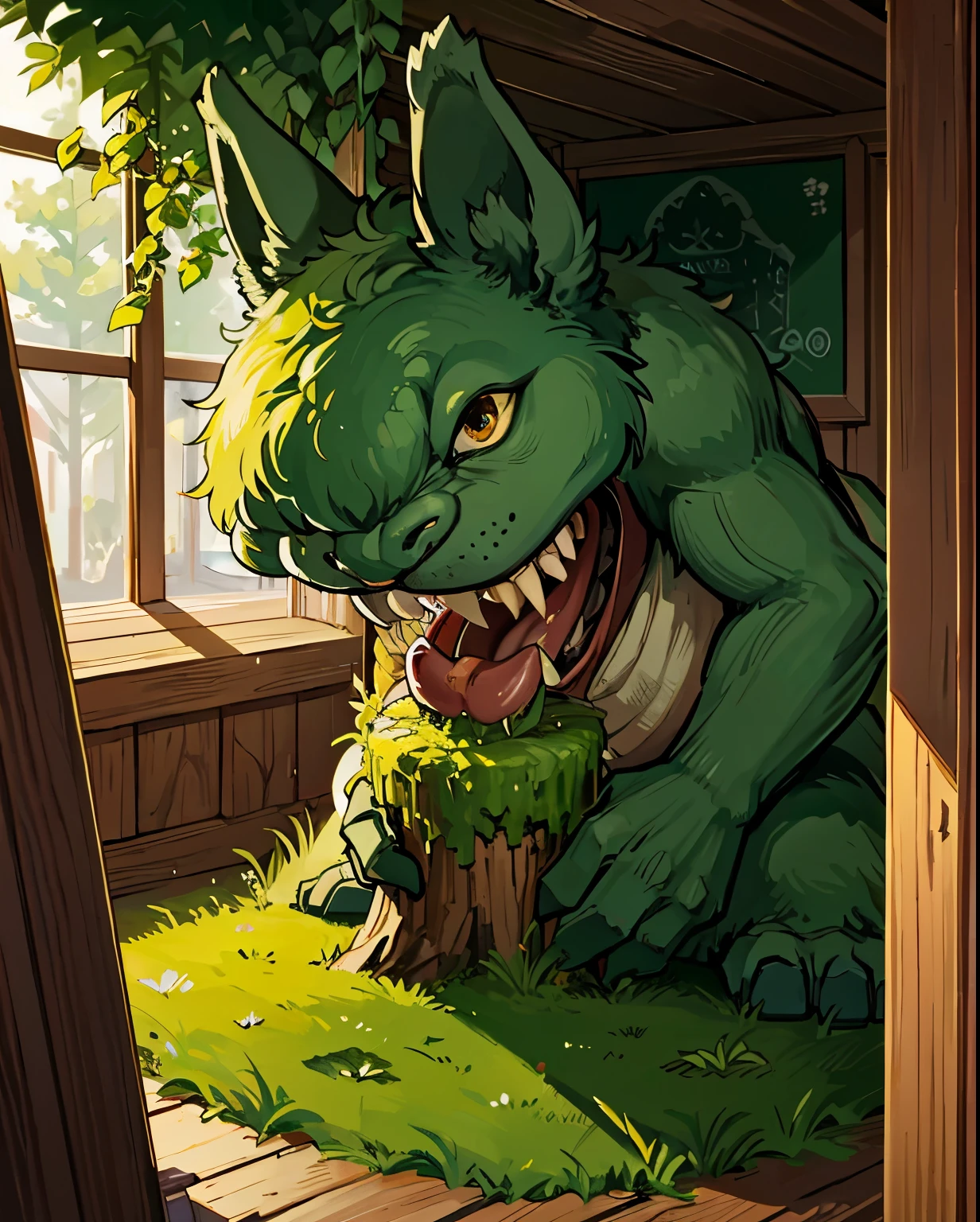 masterpiece, best quality,colossal moss monster eatting a wooden house