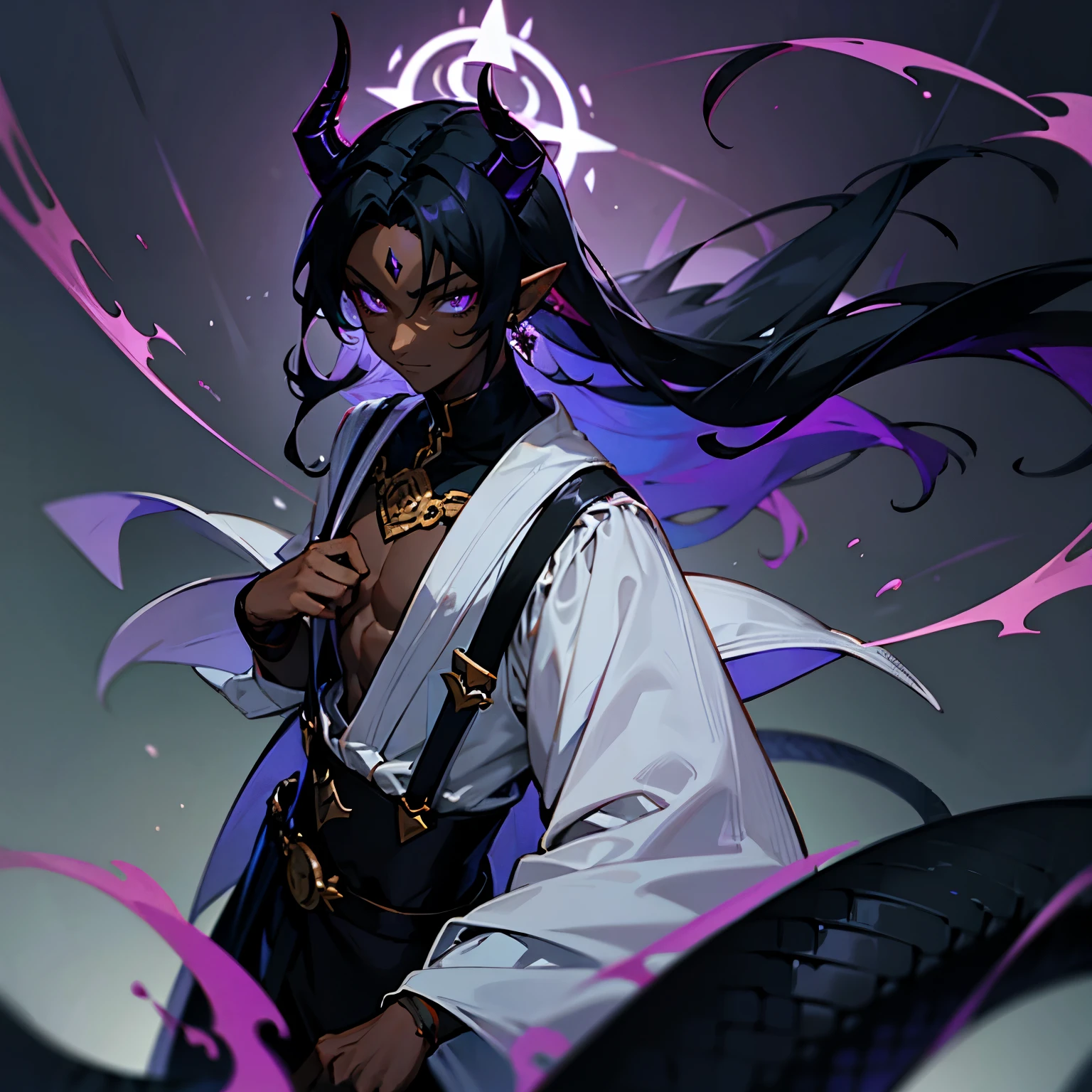 1 boy, waist-high, portrait, tiefling, fantasy hero, bard, black hair, horns, closed mouth, (((open chest))), man boobies, unbuttoned blouse, dark blouse, dark clothing, sexy, dark-skinned man, purple skin, dark skin, demon boy, earrings, luminous, gradient, gradient background, hypnosis eyes, snake eyes, horns, jewelry, long hair, looks at the viewer, male focus, pointed ears, cape, narrow pupils, smile, solo, suspenders