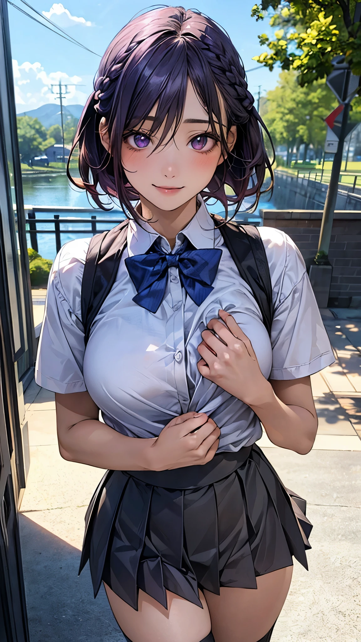 (masterpiece:1.2, top-quality), (realistic, photorealistic:1.4), beautiful illustration, (natural side lighting, movie lighting), nsfw,
looking at viewer, cowboy shot, front view:0.6, 1 girl, japanese, high school girl, perfect face, cute and symmetrical face, shiny skin,
(short hair:1.2, messy hair:1.2, braid:1.0, purple hair), hair between eyes, purple eyes, long eye lasher, (large breasts:0.7, thick thighs),
beautiful hair, beautiful face, beautiful detailed eyes, beautiful clavicle, beautiful body, beautiful chest, beautiful thigh, beautiful legs, beautiful fingers,
((white collared shirts, grey pleated mini skirt, black socks, blue bow tie)),
(beautiful scenery), evening, riverside, walking, hands on chest, (lovely smile, upper eyes),