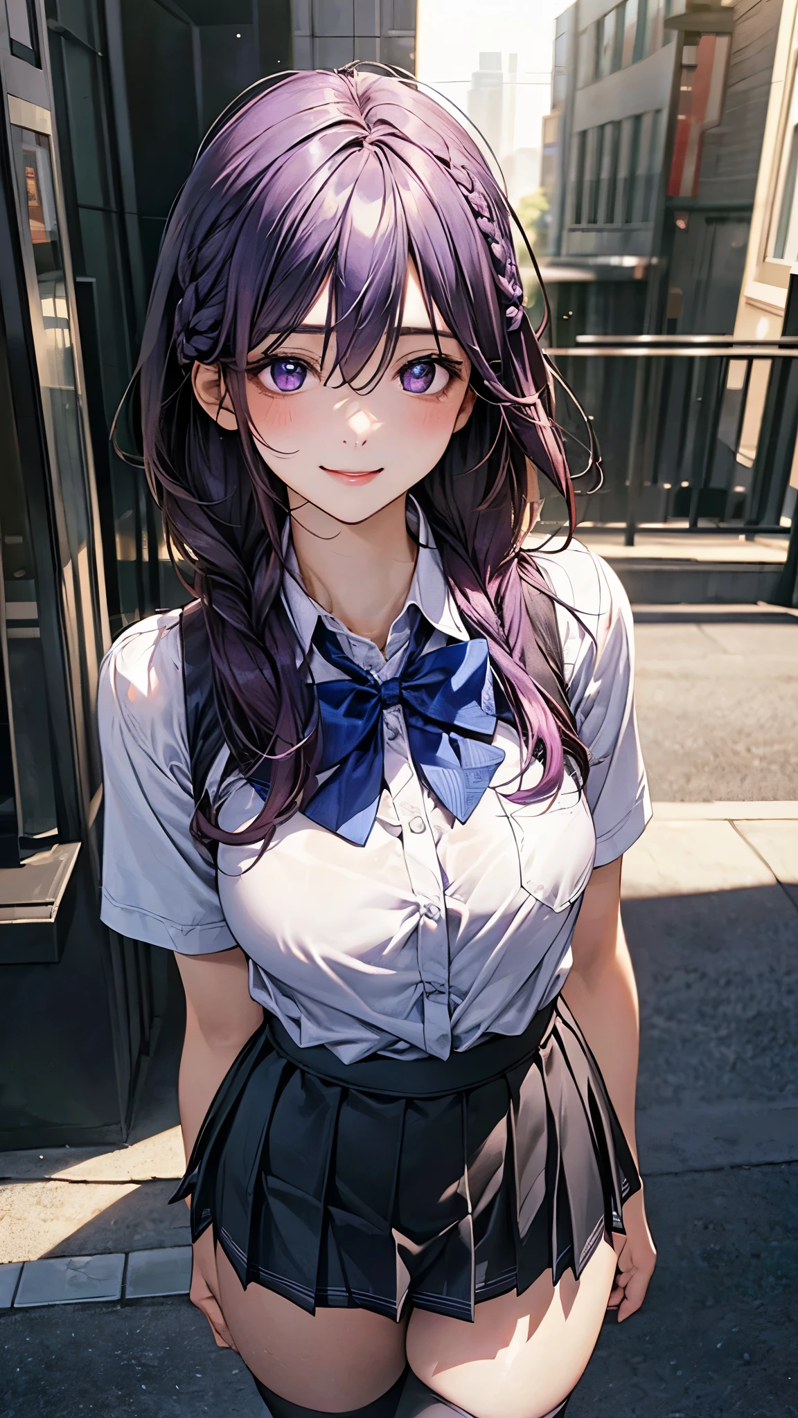 (masterpiece), best quality, expressive eyes, perfect face, purple hair, yellow eyes, women, white blouse, hair in a bun, black pants, one person, pretty, anime