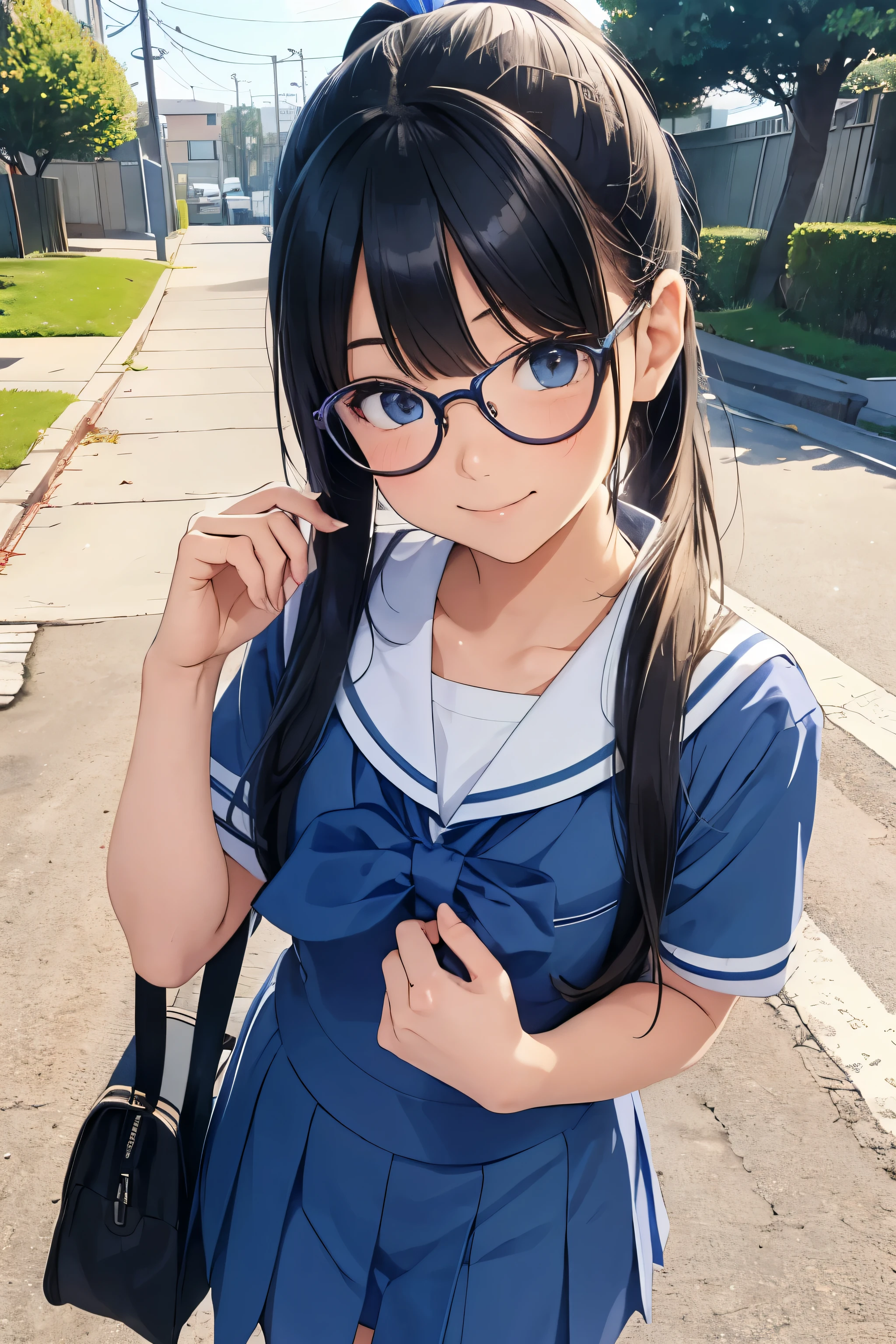 A Beautiful Girl, walk to school, blue catholic , long hair in a ponytail,, bangs, eyeglasses, bright smile, anime