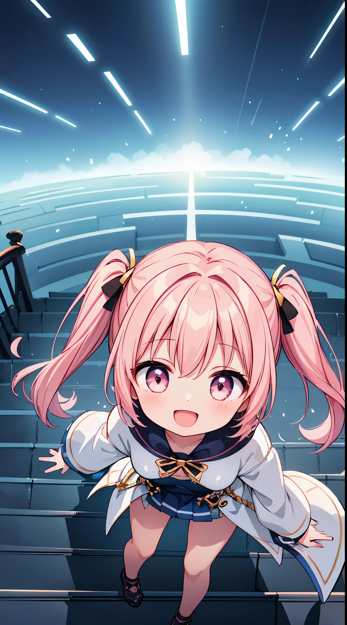 (super fine illustration:1.2),(masterpiece, 8k), (best quality, high quality:1.4), perfect anatomy, hyper detailed, ultra detailed,masterpiece background,beautiful detailed background, v8k wallpaper,perfect design,award-winning art,atmospheric,
BREAK, 1 beautiful girl, Solo,(Cute:1.5),(Chibi:0.8), (kawaii:1.5),(:0.5), BREAK, (girl, Cute, Cheerful, face, medium breasts:1.2),(Pink hair,disheveled short twin tails,tareme,Gold eyes:1.2),gleaming skin,Clear skin, cleavage of the breast,Beautiful , gleaming skin,Clear skin, Beautiful skin,( A smile:1.5),(best quality face),(Top quality glowing eyes),(The best smile,:D:1.45),
BREAK, Fantasy world city floating high in the fantastic sky,BREAK, (,coat:1.1),
BREAK,wakame,wakame,wakame,(llooking up,from front above:1.5)
(going up on stairs:1.5),
BREAK,(Blurry background:1.3),(absurderes, hight resolution, Super Detail Art),cel shading,Clear Color, Lonely optical effect, Beautiful pictures, Bright glow, mystic atmosphere,(Close-up of girl:1.1), Mystical light particle effect,manga influence, clean line drawings,