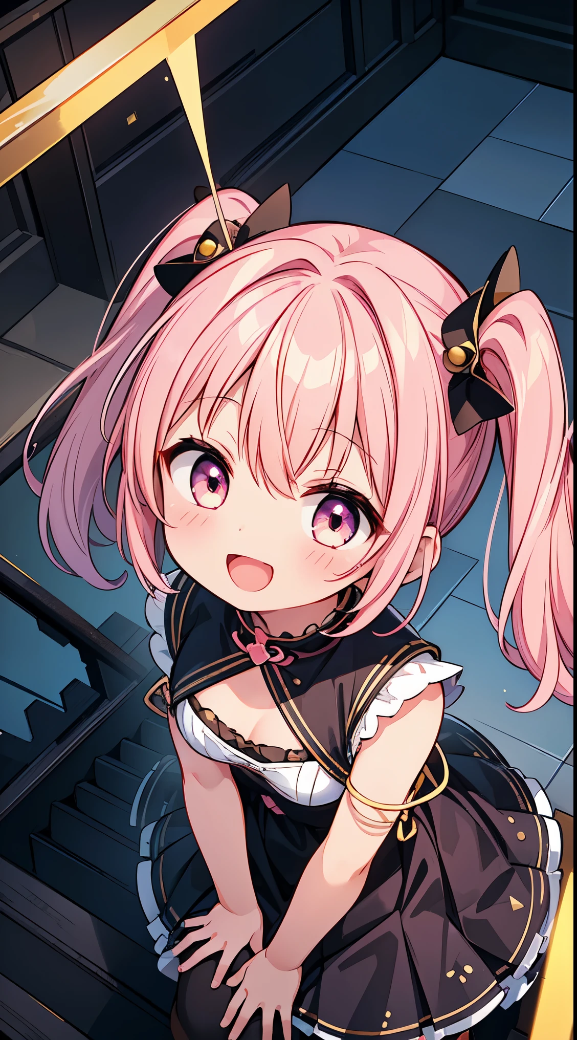 (super fine illustration:1.2),(masterpiece, 8k), (best quality, high quality:1.4), perfect anatomy, hyper detailed, ultra detailed,masterpiece background,beautiful detailed background, v8k wallpaper,perfect design,award-winning art,atmospheric,


BREAK,  1 beautiful girl, Solo,(Cute:1.5),(Chibi:0.8), (kawaii:1.5),(:0.5), BREAK, (girl, Cute, Cheerful,  face, medium breasts:1.2),(Pink hair,disheveled short twin tails,tareme,Gold eyes:1.2),gleaming skin,Clear skin, cleavage of the breast,Beautiful , gleaming skin,Clear skin, Beautiful skin,( A smile:1.5),(best quality face),(Top quality glowing eyes),(The best smile,:D:1.45),

BREAK, Fantasy world city floating high in the fantastic sky,BREAK, (,coat:1.1),


BREAK,wakame,wakame,wakame,(llooking up,from front above:1.5) 

(going up on stairs:1.5),


BREAK,(Blurry background:1.3),(absurderes, hight resolution, Super Detail Art),cel shading,Clear Color, Lonely optical effect, Beautiful pictures, Bright glow, mystic atmosphere,(Close-up of girl:1.1), Mystical light particle effect,manga influence, clean line drawings, 
