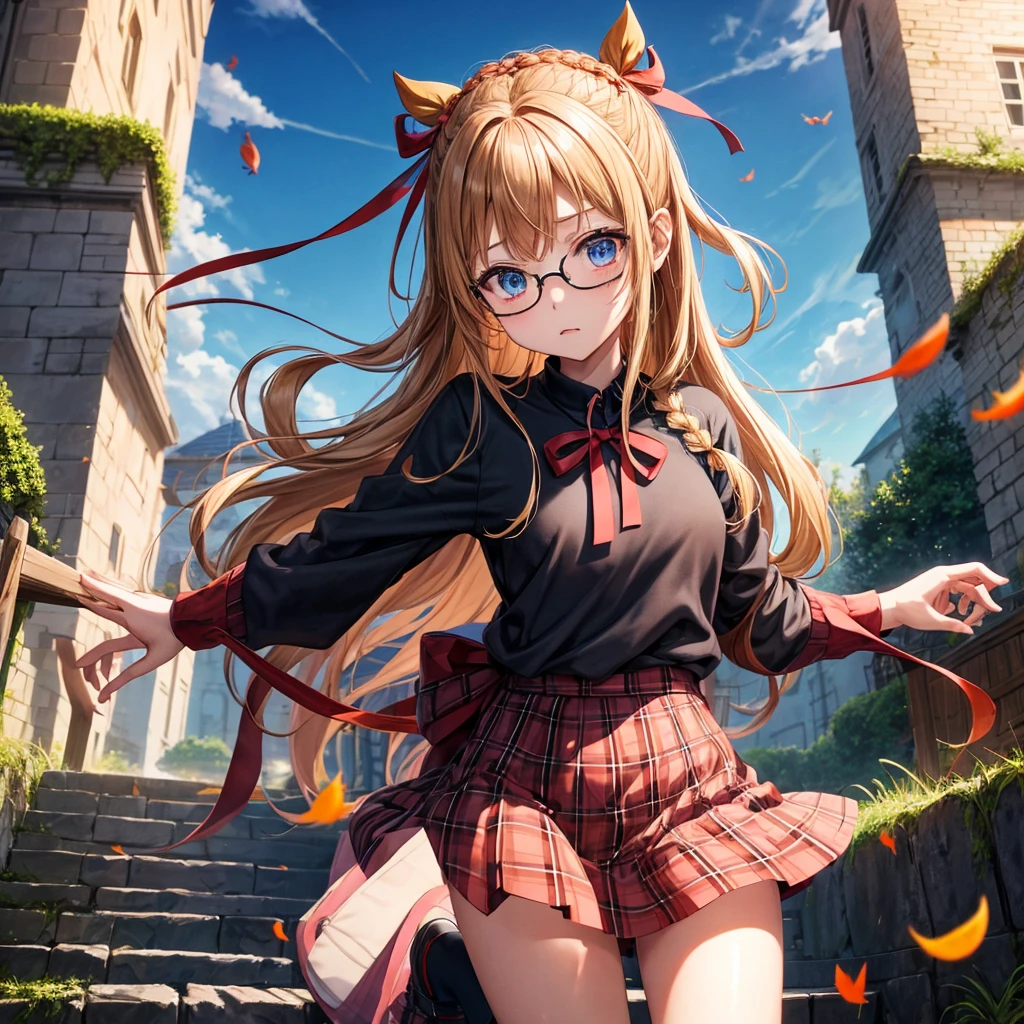 reddish-brown blonde、blue eyes、Braid、one good looking girl、solo、anime、Plaid miniskirt、camisole、black t-shirt、Tilting your face、Doing the ribbon、Ribbon at waist、sunset sky、stone stairs、tunnel、Fallen leaves、wearing glasses、Burning、Light and shadow、maze、balloon、monster castle、lanthanum、corridor、Black socks、mossy stone、One leg is raised