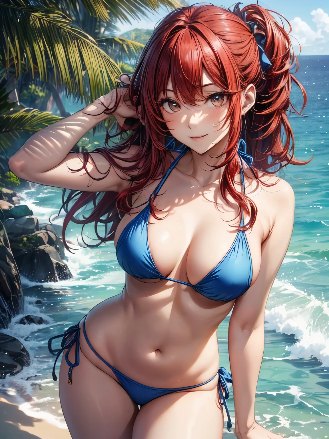 highest quality、complete limbs、full finger、(((red hair woman:1.3)))、medium hair woman、Beauty busty woman:1.3、(((woman wearing a blue bikini:1.3)))、big smile、bare hands、barefoot、Ocean、beach、sandy beach、sexy pose、standing by the water