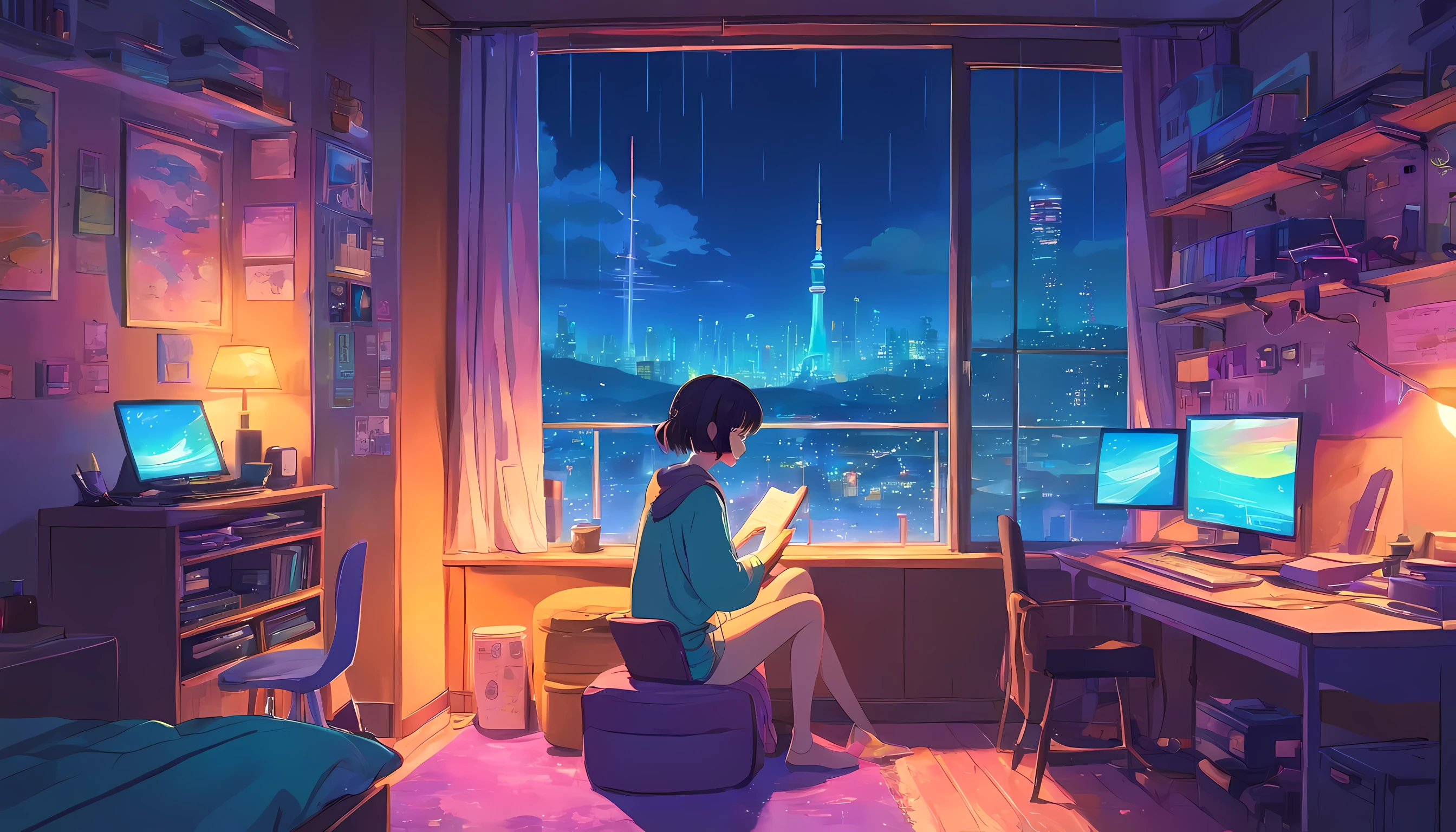 (Staynight), European Hippie Girl studying in her room, Reading a book, Wear headphones, , night lights, Neon landscape on a rainy day,Analog Color Theme, Lo-Fi Hip Hop , Retrospective, Flat, 2.5D ,Draw a line, Ink drawing, Large gradient, Watercolor painting, Goosch color, Studio Ghibli style, Awesome colorful, Outer Ton, Synth Wave, lofi art,90s style,Old textures, amplitude,90s atmosphere, masutepiece, Incredible technology, 16:9 scale