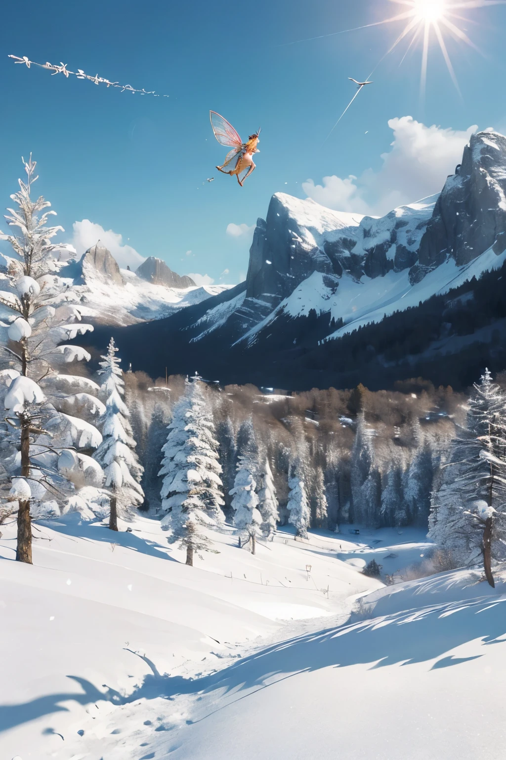 (Fairy style: 1.5), Surprising, Enchanting, Whimsical, Professional art, Unity 8k wallpaper, Ultra-detailed, Delicate, Masterpiece, High resolution, RAW, Airbrushed, Cartoonish, Magical, ethereal, Snowy mountains in the background and grass on the ground, Realistic, photo-realistic: 1.5, Shocking, Awe-inspiring, warm tones, Snow-capped mountains, Crystal clear clouds, Delicate cranes in flight, Detailed grass textures, Beautiful, Striking, Sparkling, Dreamlike, Majestic, Pure, Sun