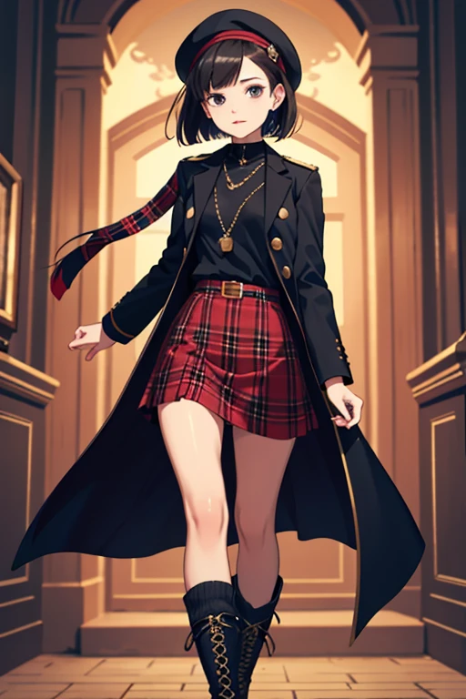 fashion designer、,brunette,black hair,bob cut,beret,european,slender body shape,tall,Gold Button,navy tailored jacket,partially dyed hair,Red tartan checked skirt,Leather Boots,atelier,20s,woman、UK punk,BCBG
