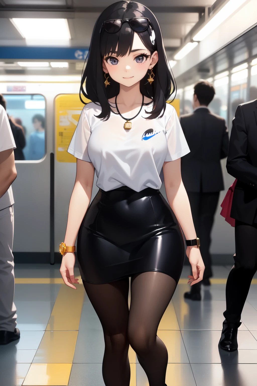 (Best quality, 8k, masterpiece), (a pretty girl, pure black long hair, princess cut, Hime hairstyle, hair edges are neat, big eyes: 1.2, long eyelashes, delicate makeup: 1.2, blush), (delicate watch, delicate necklace, large earrings), (caught in the subway train, standing, subway station etc.), (fashionable outfit, leopard print shorts on the outside, white T-shirt on the inside, Nike, black fashion sunglasses hanging on the clothes), (medium chest, stiff), ( Black Oil Glossy Clear Pantyhose), (High-waisted Skirt), Light Ripen, Royal Sister, Best Light, Best Shadow, Movie Lighting, 28 Years Old, 1girl, Acura, (Real Skin, Supple Skin) Ray Tracing, Unreal Engine 5, Reflective Skin, Digital Illustration, Game CG Characters, Supermodel, (Kpop, idol), (Body Edge Light, Colored Light Sources Around), Wind Blowing Hair, Listening to Songs with Headphones, (Looking at the Camera with a shy smile, happy expression), (thin waist, wide hips, buttocks), close-up