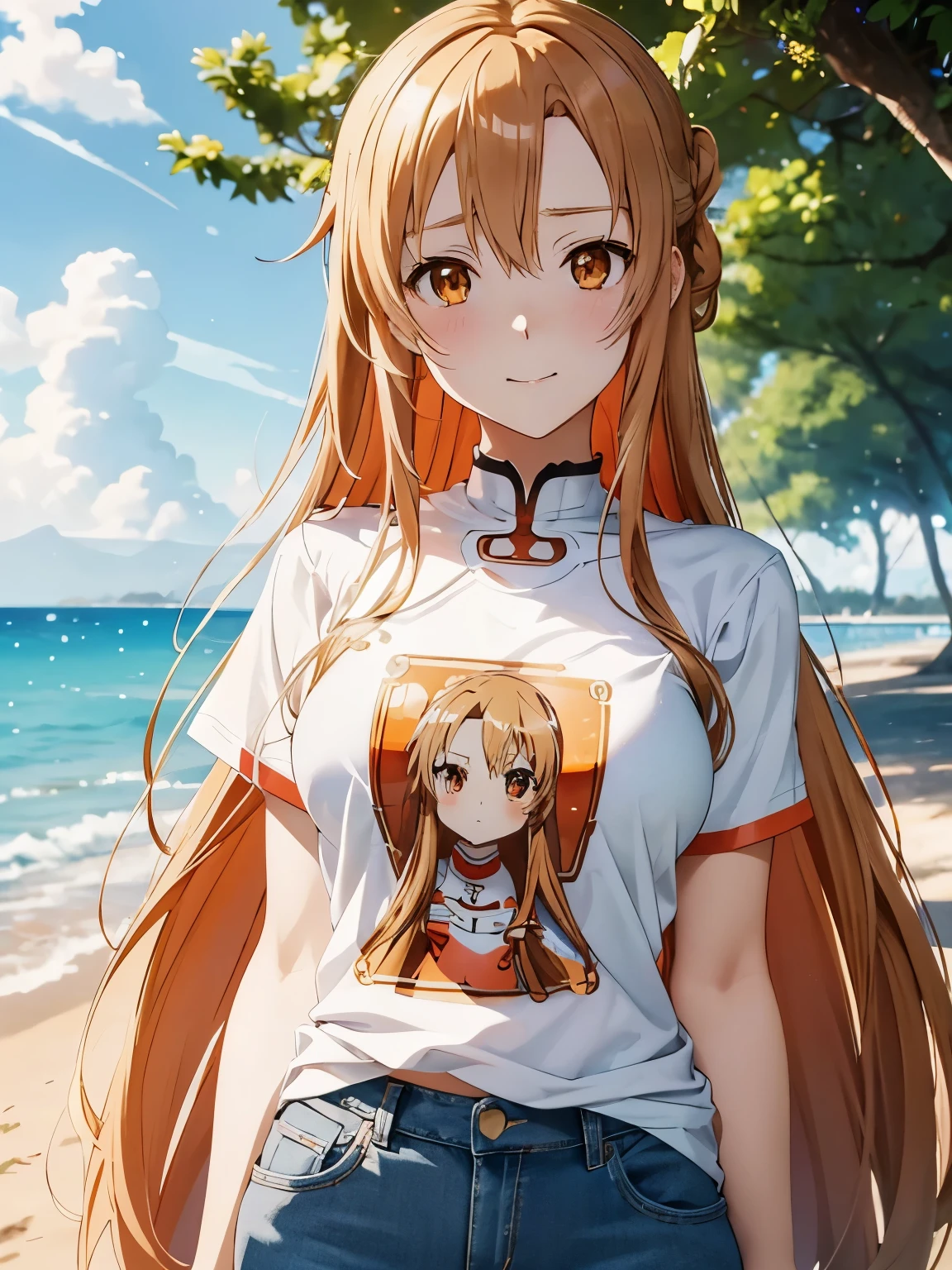 ((masterpiece)), ((best quality)), (ultra-detailed), ((kawaii)), cute, (lovely), ((sexy)), (ero), ((extremely detailed)), 4K, (8K), best quality, (beautiful), anime style, upper body, from below, heavy outline, clear outline, full body focus, beach, (((Asuna, SAO))), ((T-shirt, denim shot pants)), ((beautiful orange eyes)), large breast, shiny-glistening, gleaming