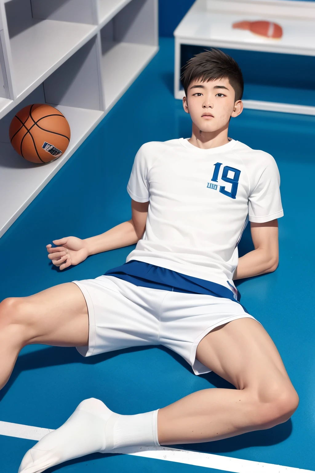 gracilis muscle,teen,,white stocks,basketball locker room,half naked,sweat,Chinese boy,lie on the floor,socks visible,cartoon