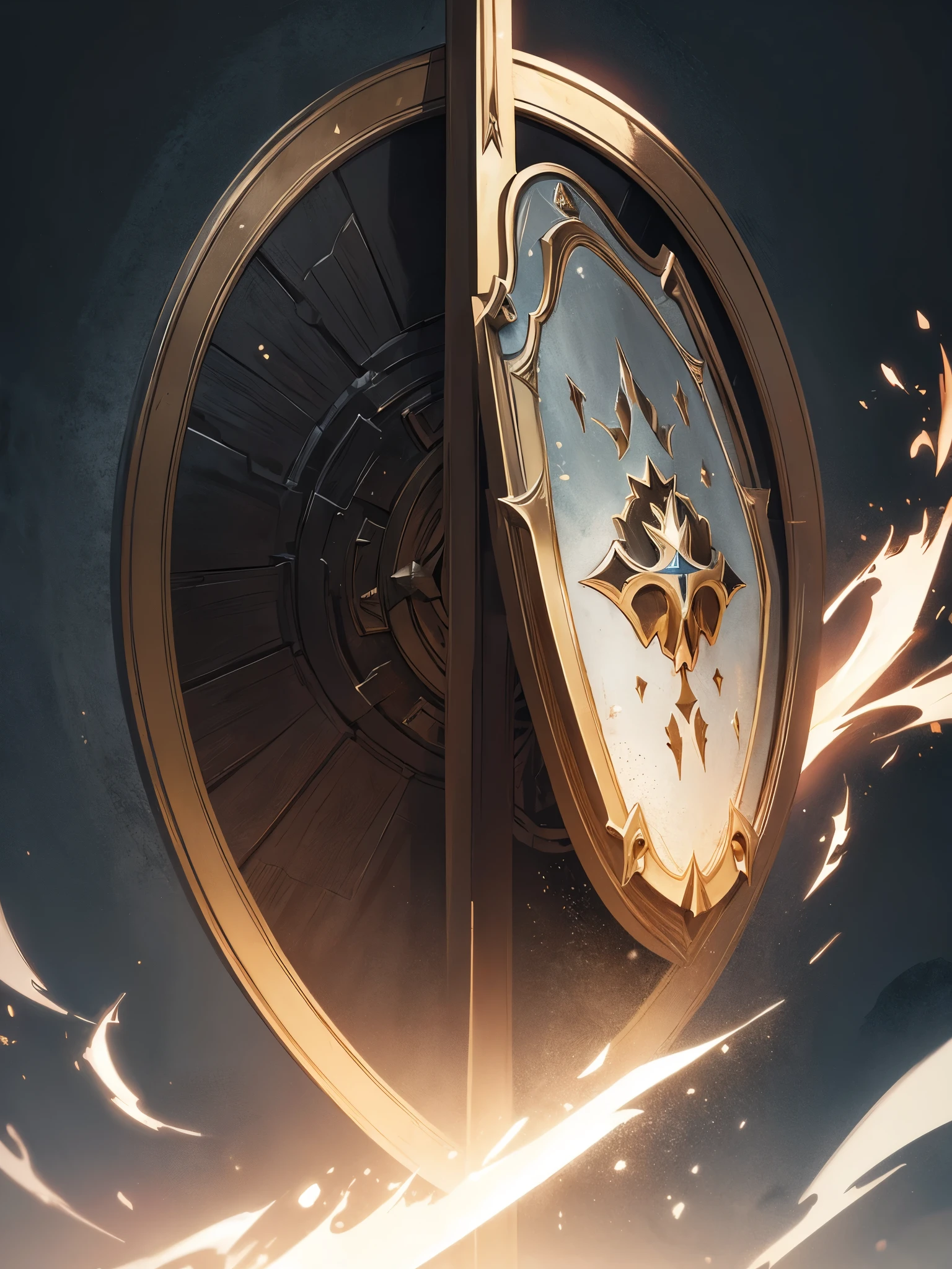 (highest quality、4K、8K、High resolution、masterpiece:1.2)、Super detailed、(realistic、フォトrealistic、フォトrealistic:1.37)、dark fantasy art、((large shield design:1.9))、An illustration、Metallic material、Detailed engraving、decorative patterns、Gold accents、Dark and moody atmosphere、mystical symbol、ancient ruins、mythical creatures、Spooky lighting、a menacing presence、ominous shadow、ominous fog、Bright colors、high contrast、sharp focus、concept art、warrior motif、Heroic figure、medieval setting、dramatic perspective、crumbling architecture、Magic Tips。