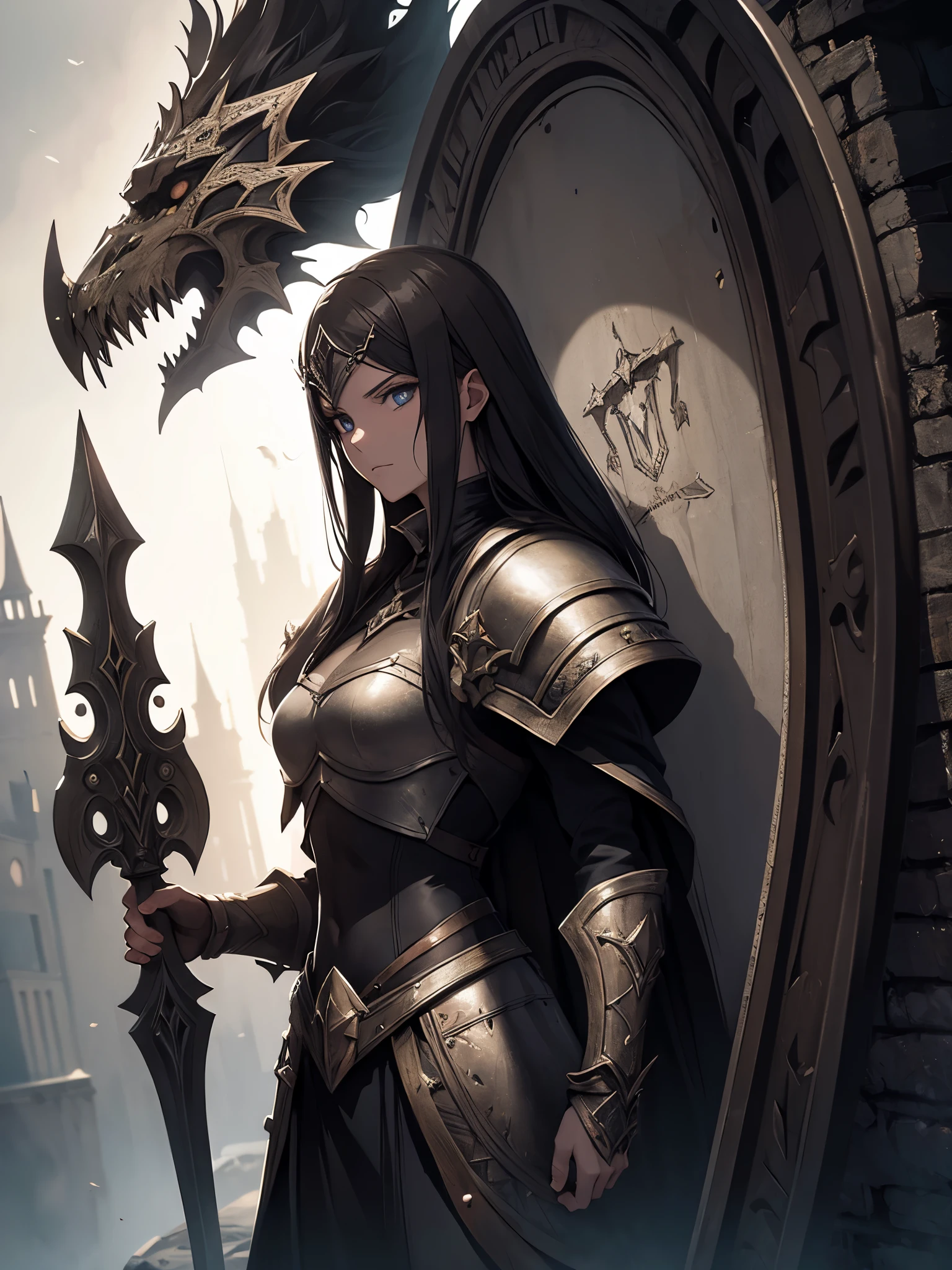 "A slender female dragon knight in (((jet-black))) armor designed to resemble dragon scales, with a full helmet shaped like a dragon's face, scarred from battle, stained with blood and mud, gripping a lance, sweat glistening on her skin.