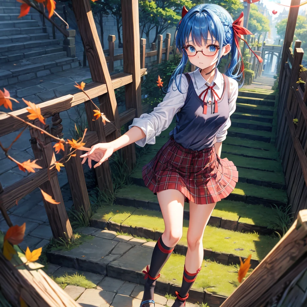 reddish-brown blonde、blue hair、blue eyes、Braid、one good looking girl、solo、anime、Plaid miniskirt、camisole、black t-shirt、Tilting your face、Doing the ribbon、Ribbon at waist、sunset sky、stone stairs、tunnel、Fallen leaves、wearing glasses、Burning、Light and shadow、maze、balloon、monster castle、lanthanum、corridor、Black socks、mossy stone、One leg is raised