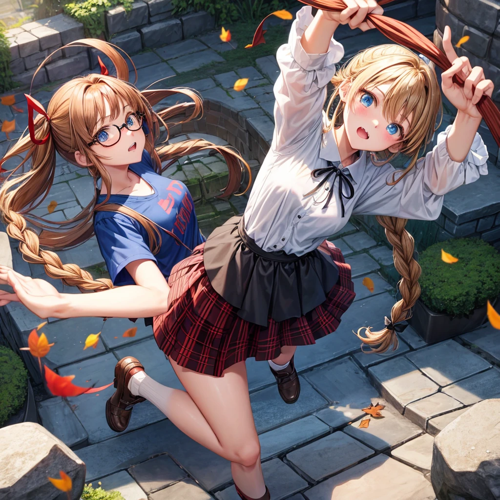 reddish-brown blonde、blue hair、blue eyes、Braid、one good looking girl、solo、anime、Plaid miniskirt、camisole、black t-shirt、Tilting your face、Doing the ribbon、Ribbon at waist、sunset sky、stone stairs、tunnel、Fallen leaves、wearing glasses、Burning、Light and shadow、maze、balloon、monster castle、lanthanum、corridor、Black socks、mossy stone、One leg is raised
