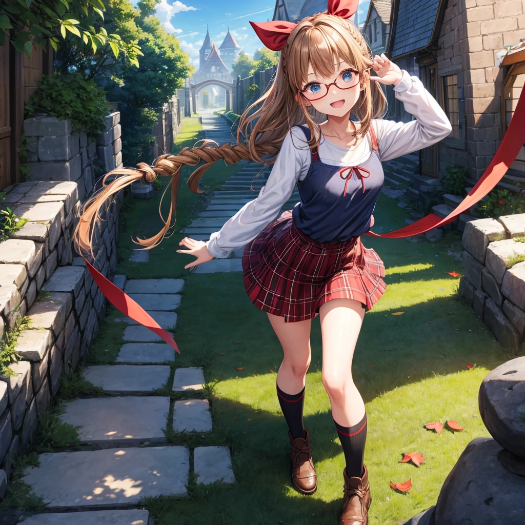 reddish-brown blonde、blue hair、blue eyes、Braid、one good looking girl、solo、anime、Plaid miniskirt、camisole、black t-shirt、Tilting your face、Doing the ribbon、Ribbon at waist、sunset sky、stone stairs、tunnel、Fallen leaves、wearing glasses、Burning、Light and shadow、maze、balloon、monster castle、lanthanum、corridor、Black socks、mossy stone、One leg is raised