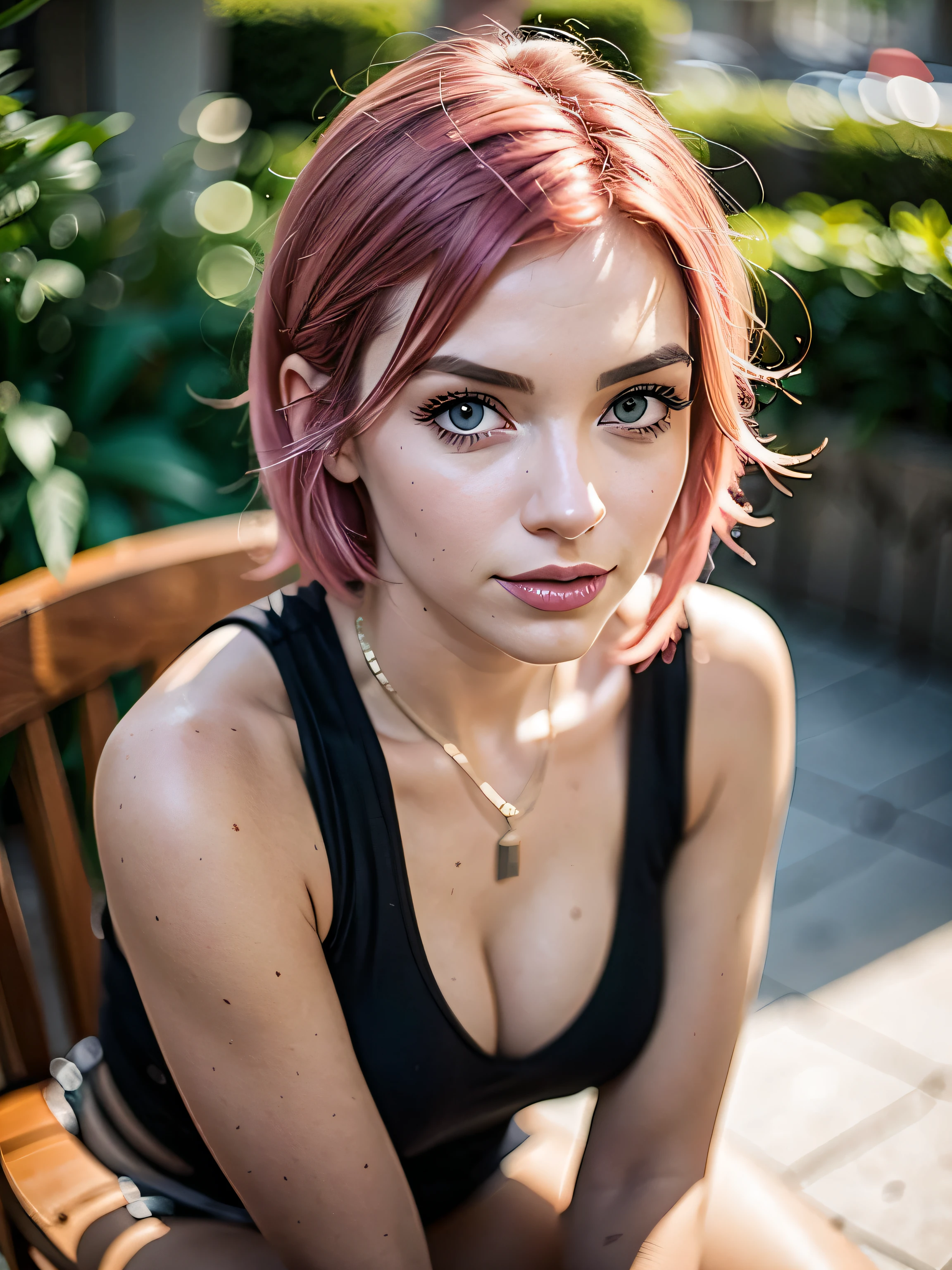 there is a woman with pink hair sitting in a chair, cute girl with short pink hair, with pink hair, twitch streamer, smooth pink skin, anna nikonova aka newmilky, highly realistic. live cam, soft light 4 k in pink, sexy look at the camera, short pink hair, soft portrait shot 8 k, pink wispy hair, flowing pink hair