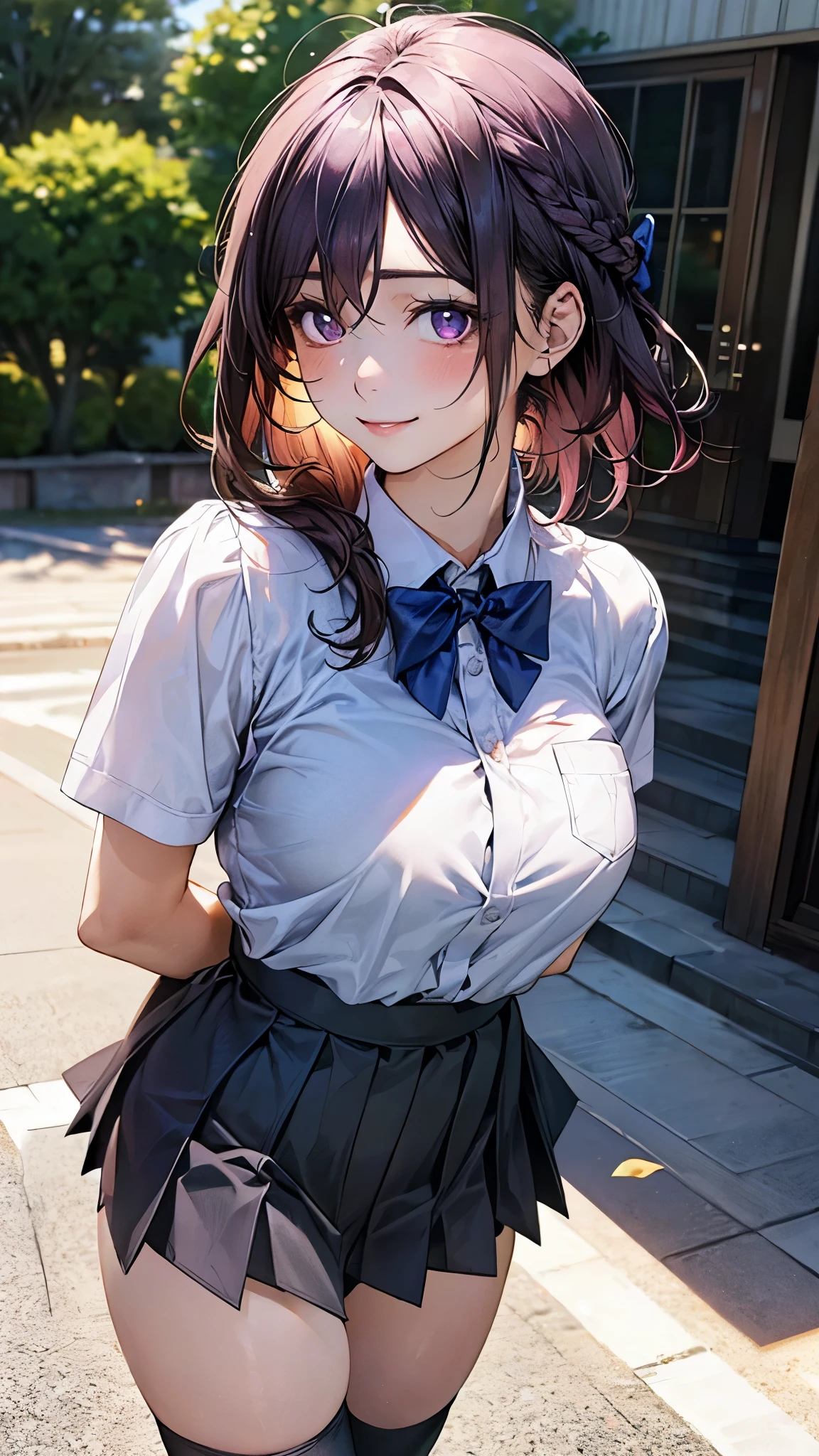 (masterpiece:1.2, top-quality), (realistic, photorealistic:1.4), beautiful illustration, (natural side lighting, movie lighting), nsfw,
looking at viewer, cowboy shot, front view:0.6, 1 girl, japanese, high school girl, perfect face, cute and symmetrical face, shiny skin,
(short hair:1.2, messy hair:1.2, braid:1.0, purple hair), hair between eyes, purple eyes, long eye lasher, (large breasts:0.7, thick thighs),
beautiful hair, beautiful face, beautiful detailed eyes, beautiful clavicle, beautiful body, beautiful chest, beautiful thigh, beautiful legs, beautiful fingers,
((white collared shirts, grey pleated mini skirt, black socks, blue bow tie)),
(beautiful scenery), evening, riverside, walking, hands on chest, (lovely smile, upper eyes),