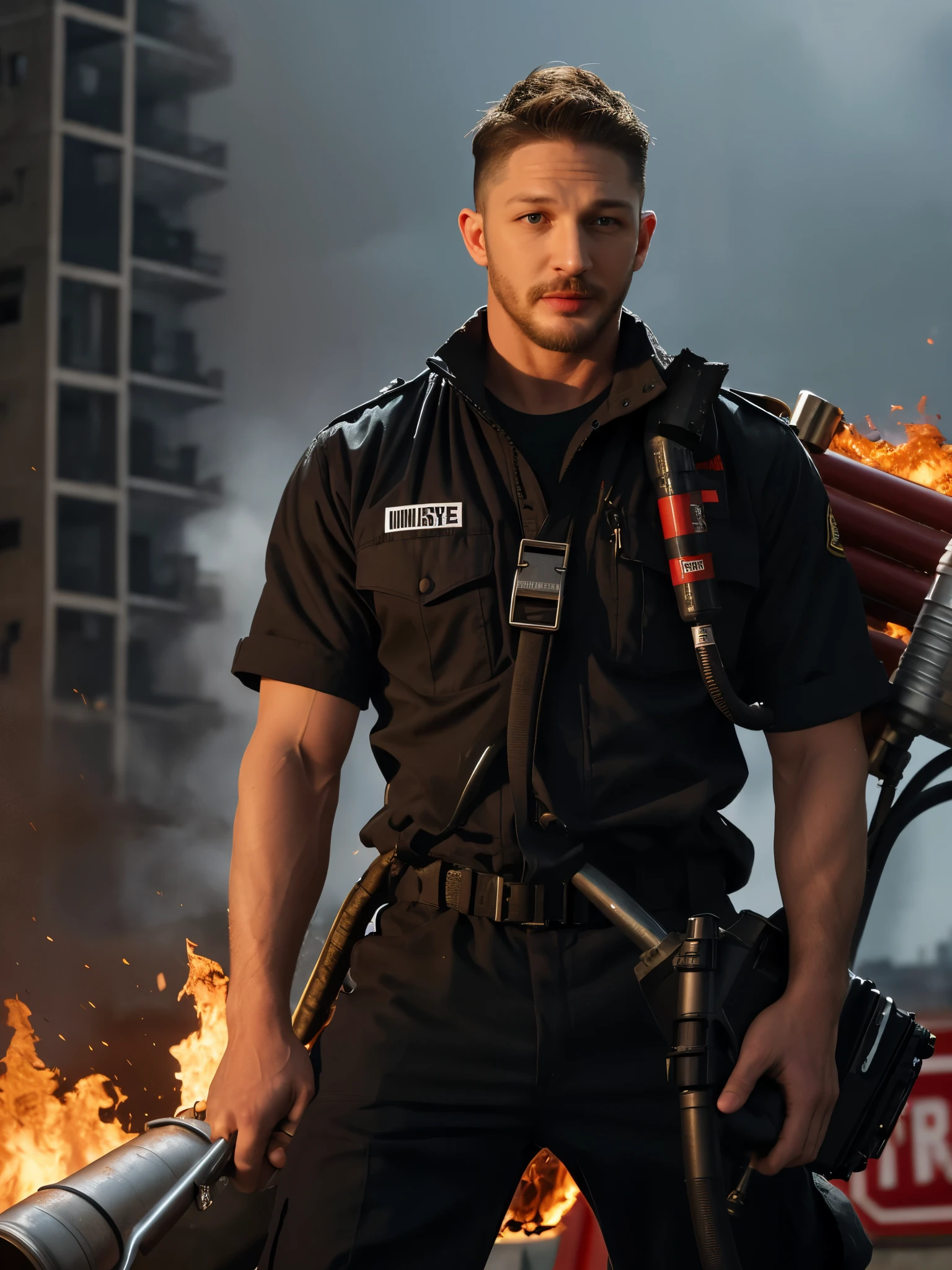 (Black and white photo shoot), (Firefighter actor Tom Hardy is extinguishing the fire), Tom Hardy (holding a super large air gun Pneumatic Runner: 1.34), (with oil stains on his face), his fair and smooth skin is flawless, his eyes are deep, his chin and face are smooth, his muscles are well-developed, there is no top, he is wearing jeans on the lower body, (very short round inch hairstyle), his decisive style, sharp focus,
Movie lighting, background: Fire scene, high-rise building in flames,