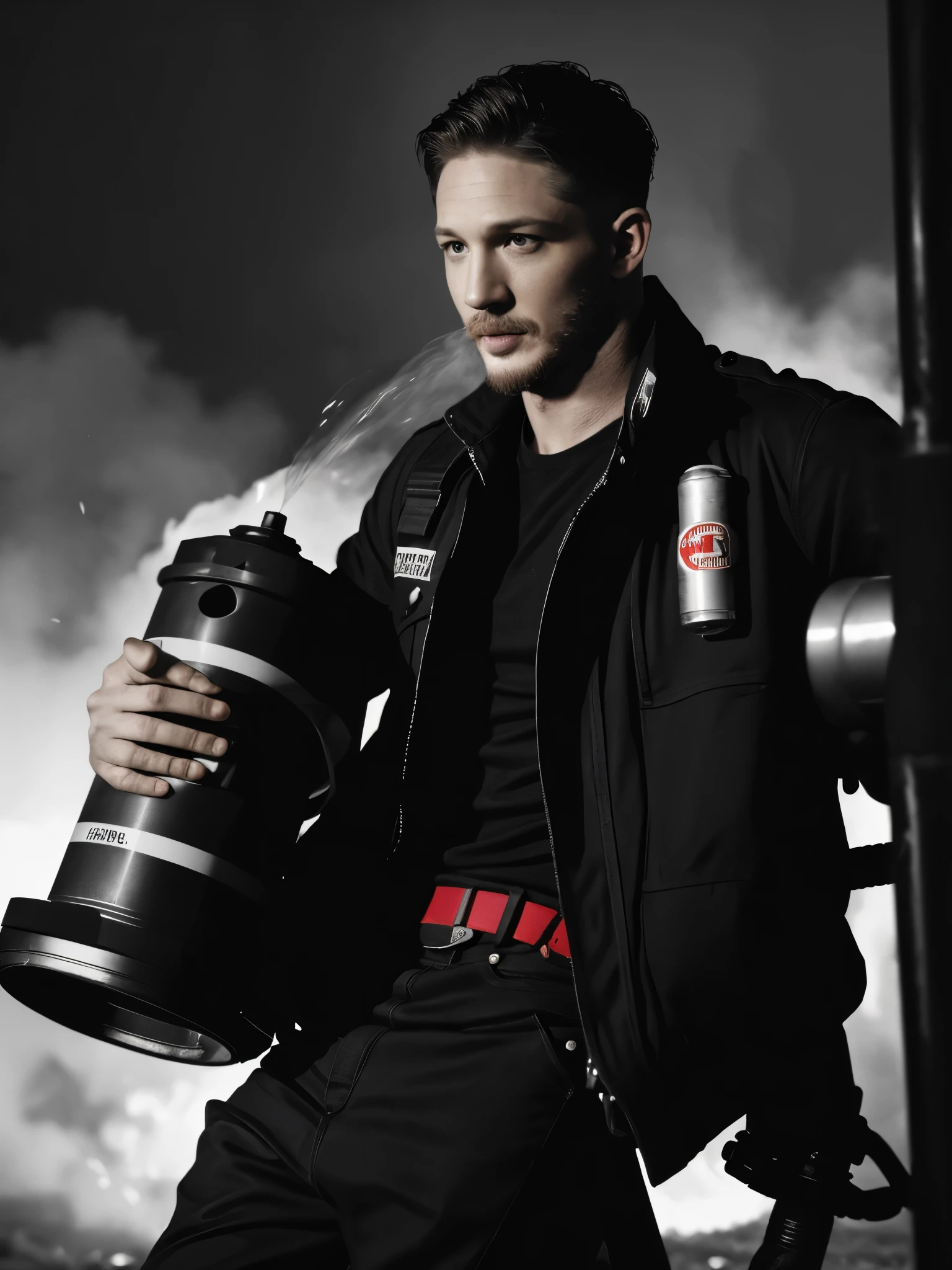 (Black and white photo shoot), (Firefighter actor Tom Hardy is extinguishing the fire), Tom Hardy (holding a super large air gun Pneumatic Runner: 1.34), (with oil stains on his face), his fair and smooth skin is flawless, his eyes are deep, his chin and face are smooth, his muscles are well-developed, there is no top, he is wearing jeans on the lower body, (very short round inch hairstyle), his decisive style, sharp focus,
Movie lighting, background: Fire scene, high-rise building in flames,