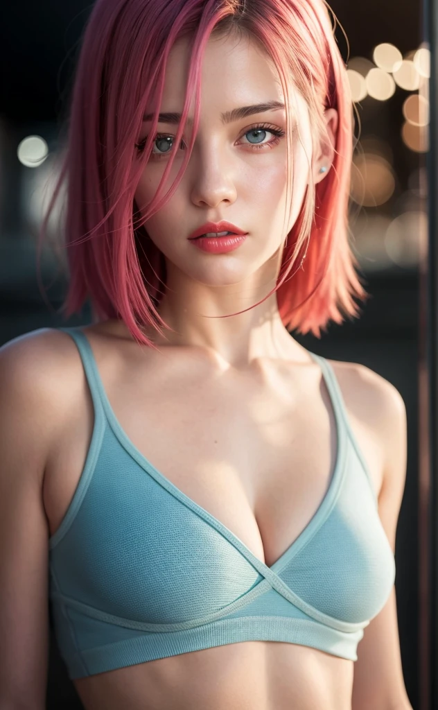 young woman, short shoulder-length pink hair, wide forehead, porcelain skin, pink eyebrows, big emerald green eyes, buttoned nose, full lips, heart-shaped face, slender body, small breasts, red tank top, Sakura Haruno , realistic, realism, details, 3d, well detailed