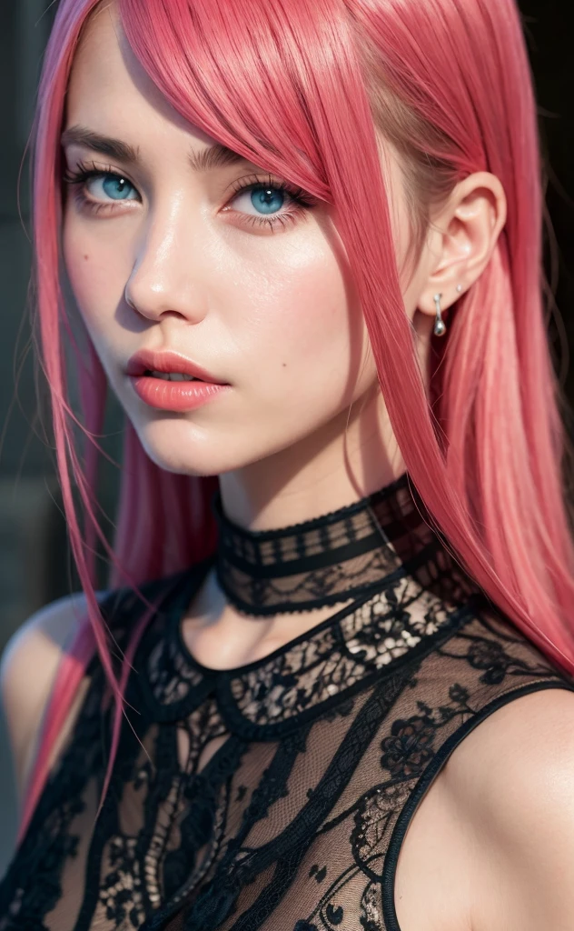 best quality, ultra high res, (photorealistic:1.4), (detailed beautiful girl:1.4), (medium breasts:0.8), looking_at_viewer, Detailed facial details, beautiful detailed eyes,pink hair, blue eyes, slender, haunting smile, (makeup:0.3), red lips, highly detailed clothes, (ulzzang-6500-v1.1:0.3)